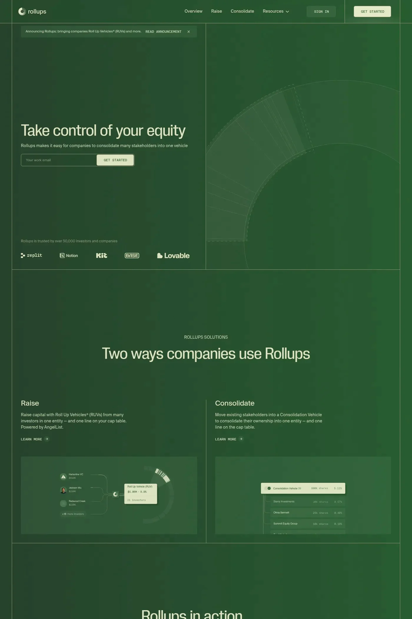 Rollups — screenshot of a monochrome, noisy finance landing page in dark green