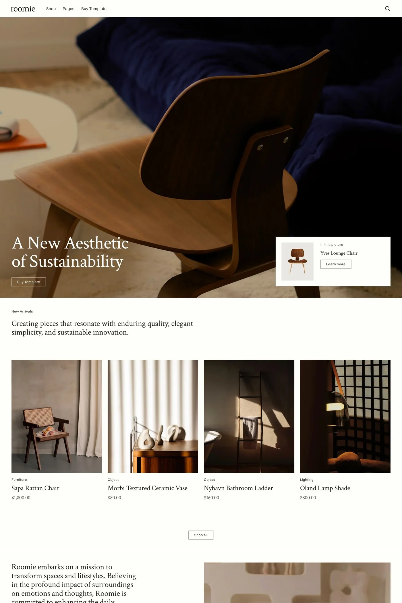 Roomie — screenshot of a minimal homeware shop template in white