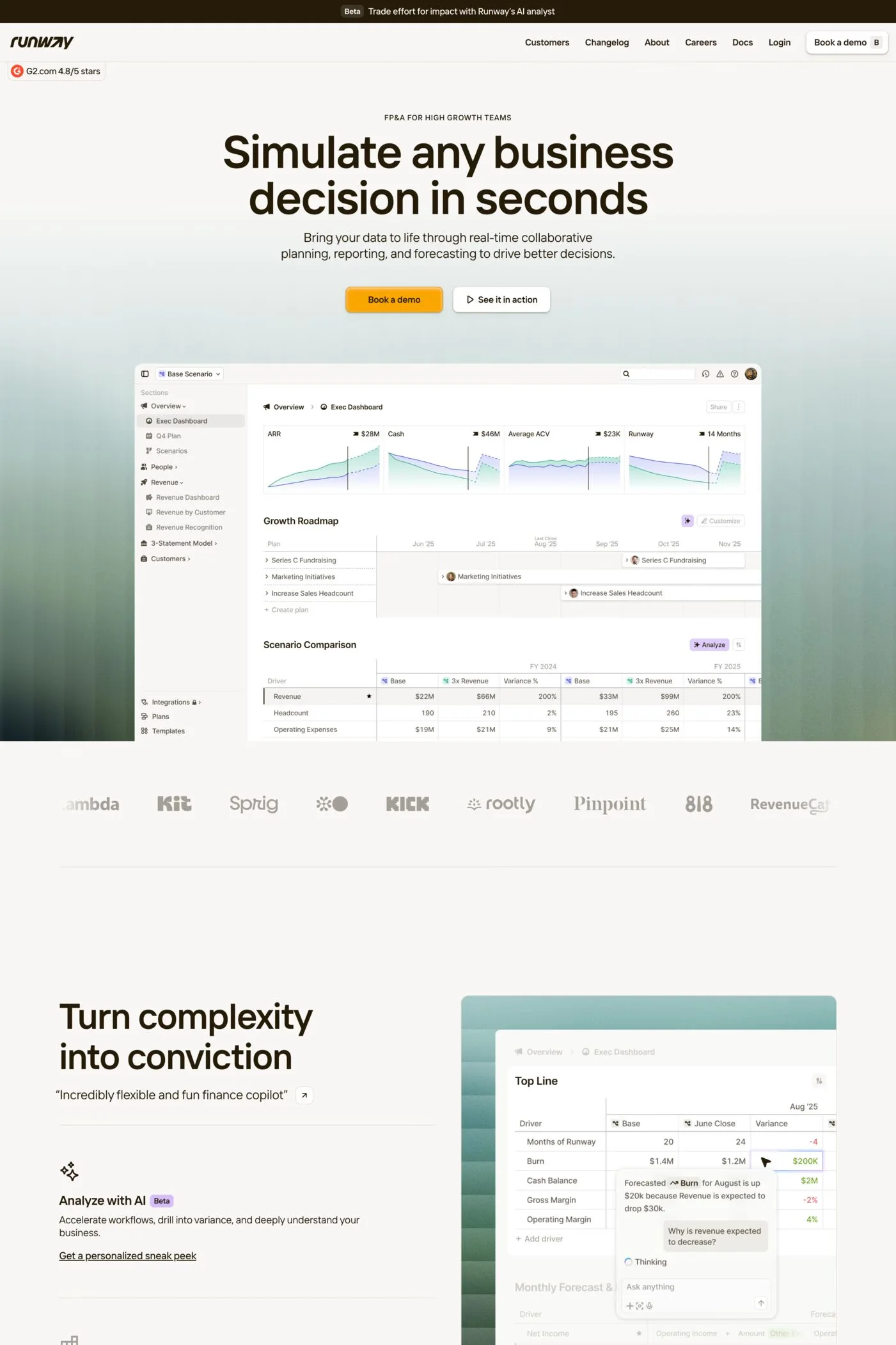 Runway — screenshot of a skeuomorphic business landing page in orange and dark green