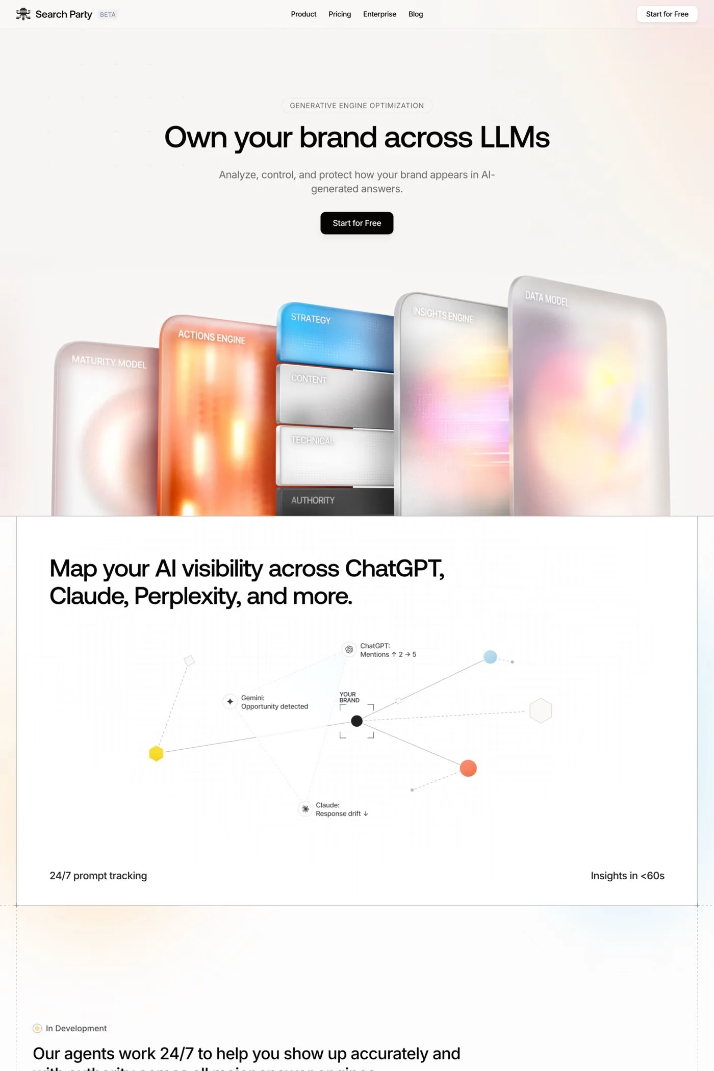 Search Party — screenshot of a techy, 3D AI landing page in beige and white