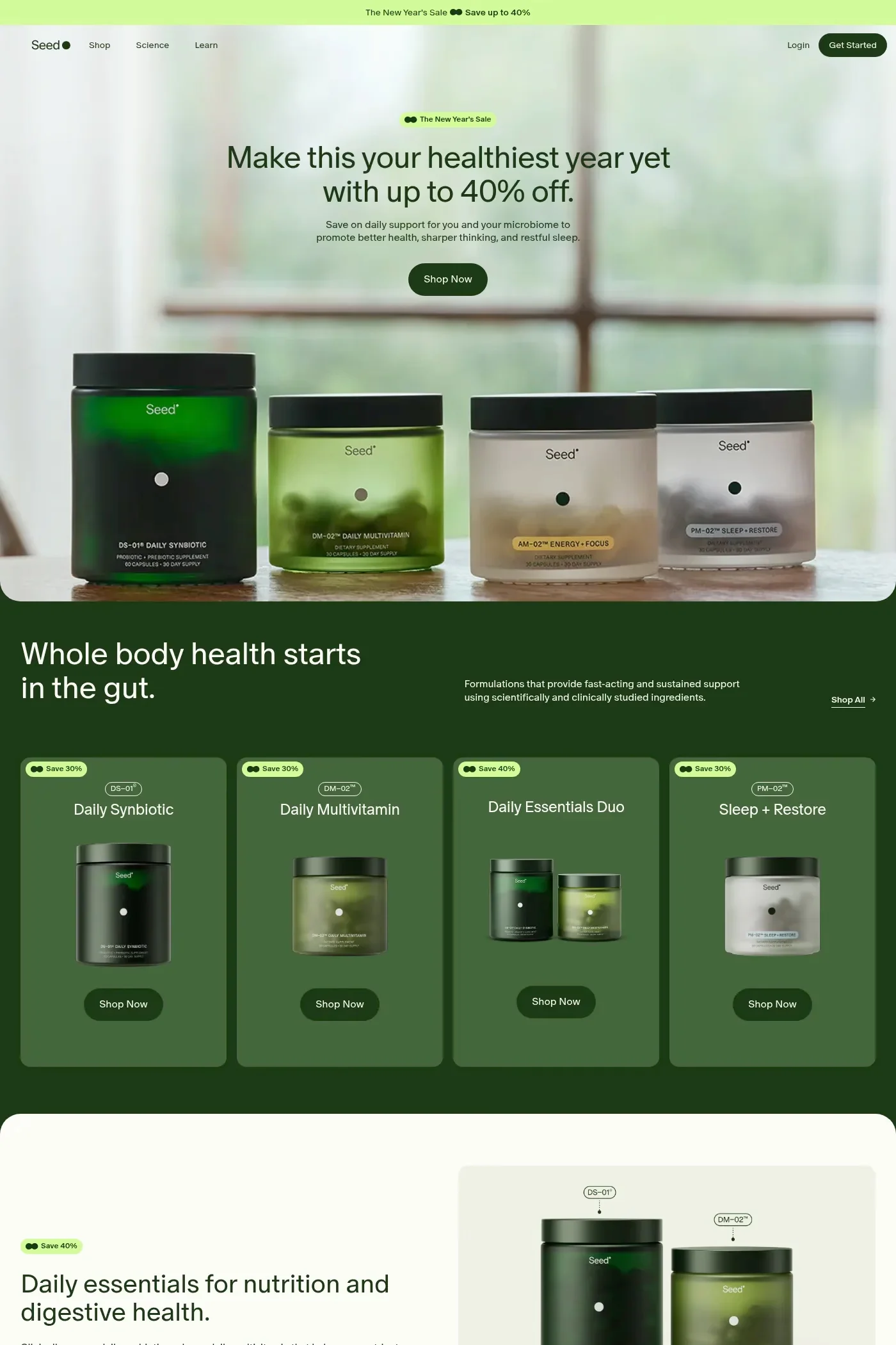 Seed — screenshot of a 3D health online shop in light green and dark green
