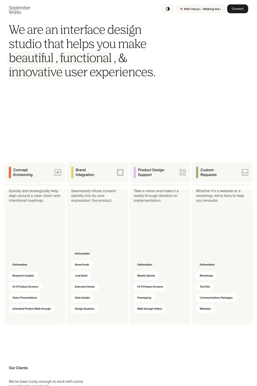 September Works — screenshot of a colourful, minimal design agency site in white and beige