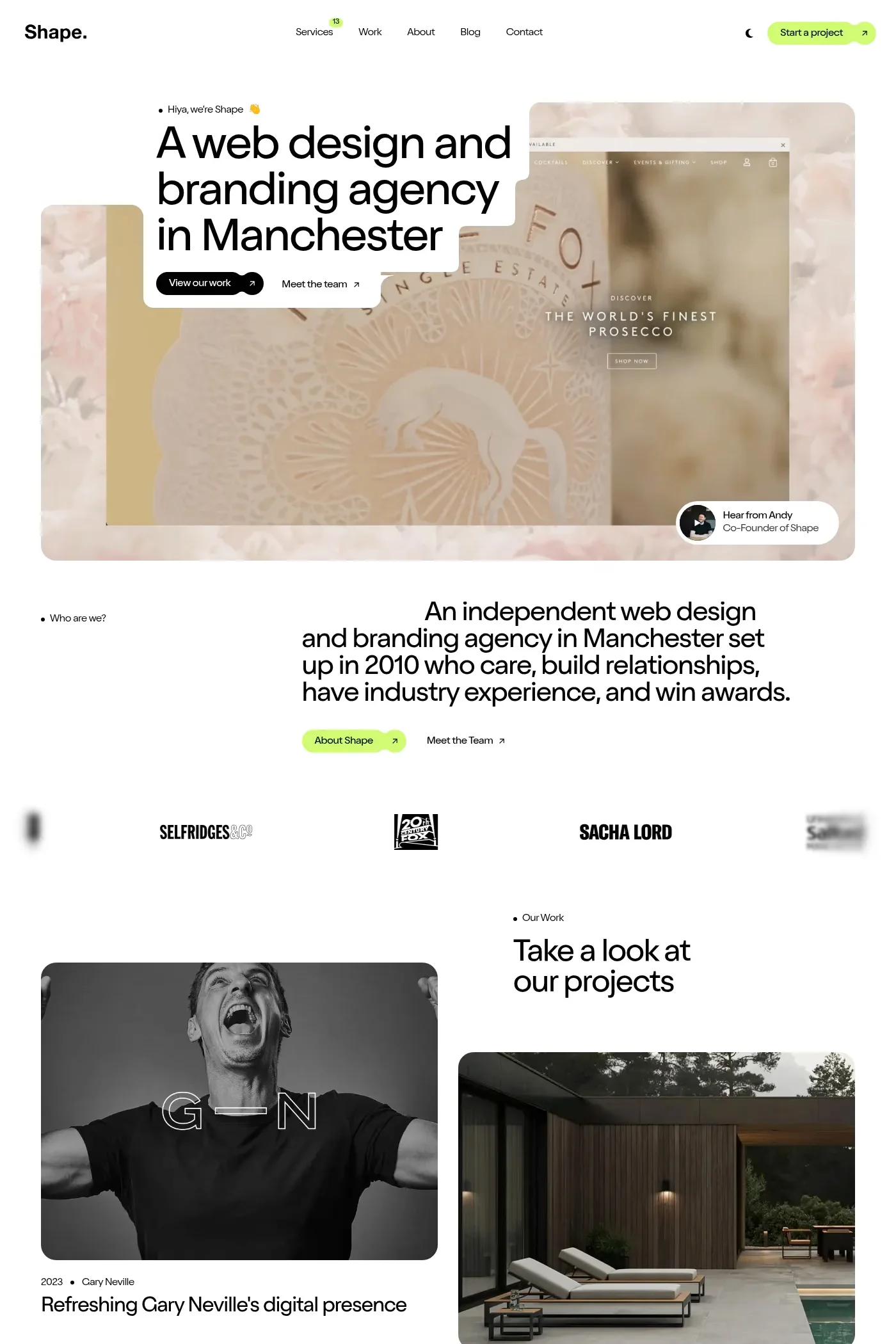 Shape — screenshot of a design agency site in white and black, with sans-serif type and geometric shapes