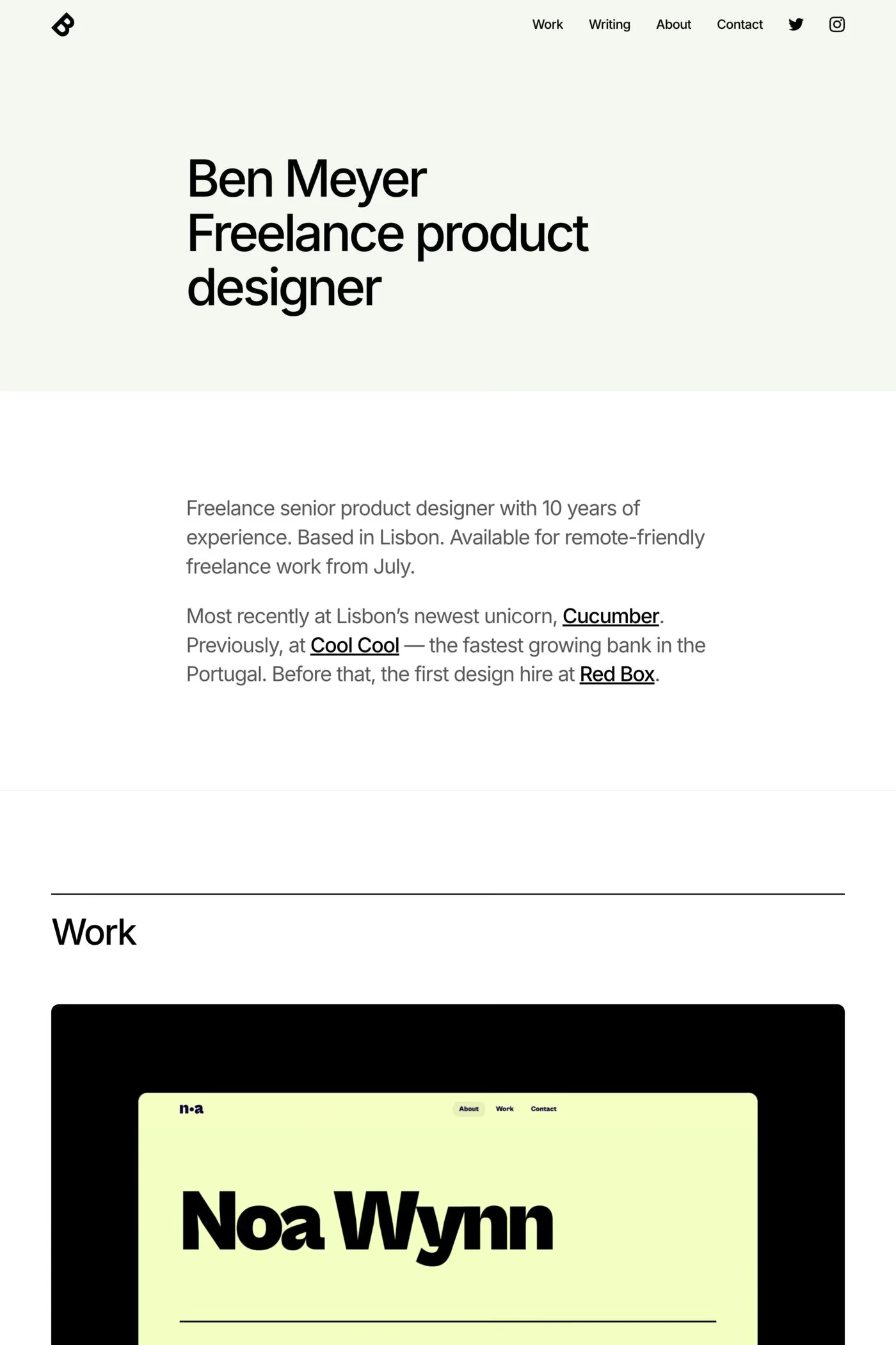 Sharp — screenshot of a minimal, pastel design portfolio template in white and light green