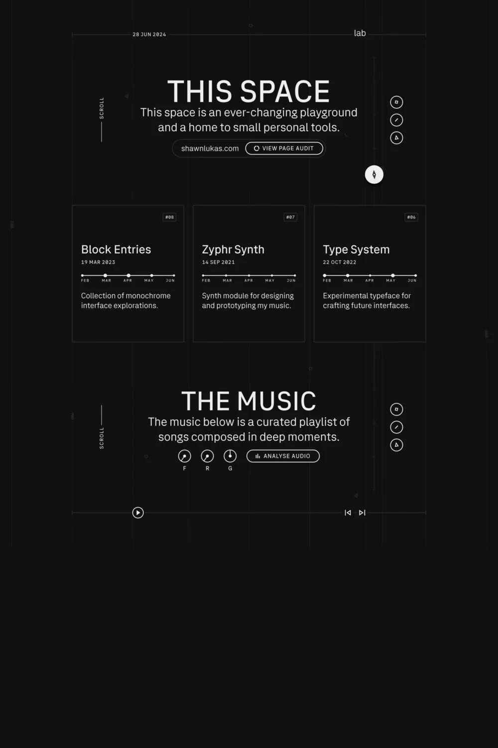 Shawn Lukas — screenshot of a detailed, dark design portfolio site in black