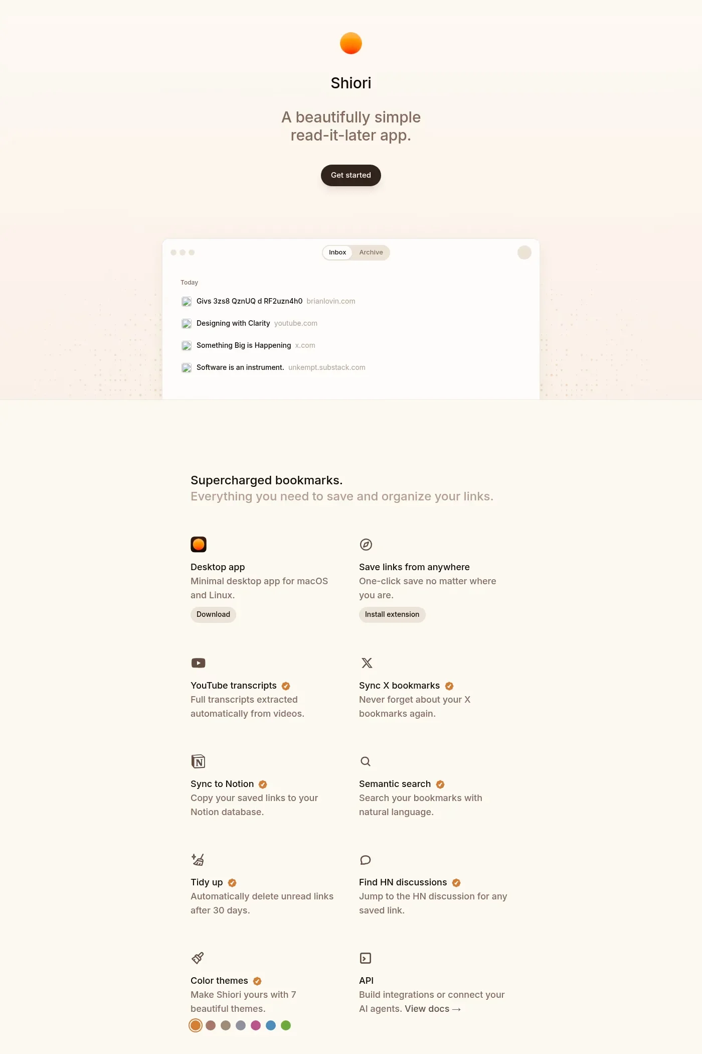 Shiori — screenshot of a clean productivity landing page in orange and cream