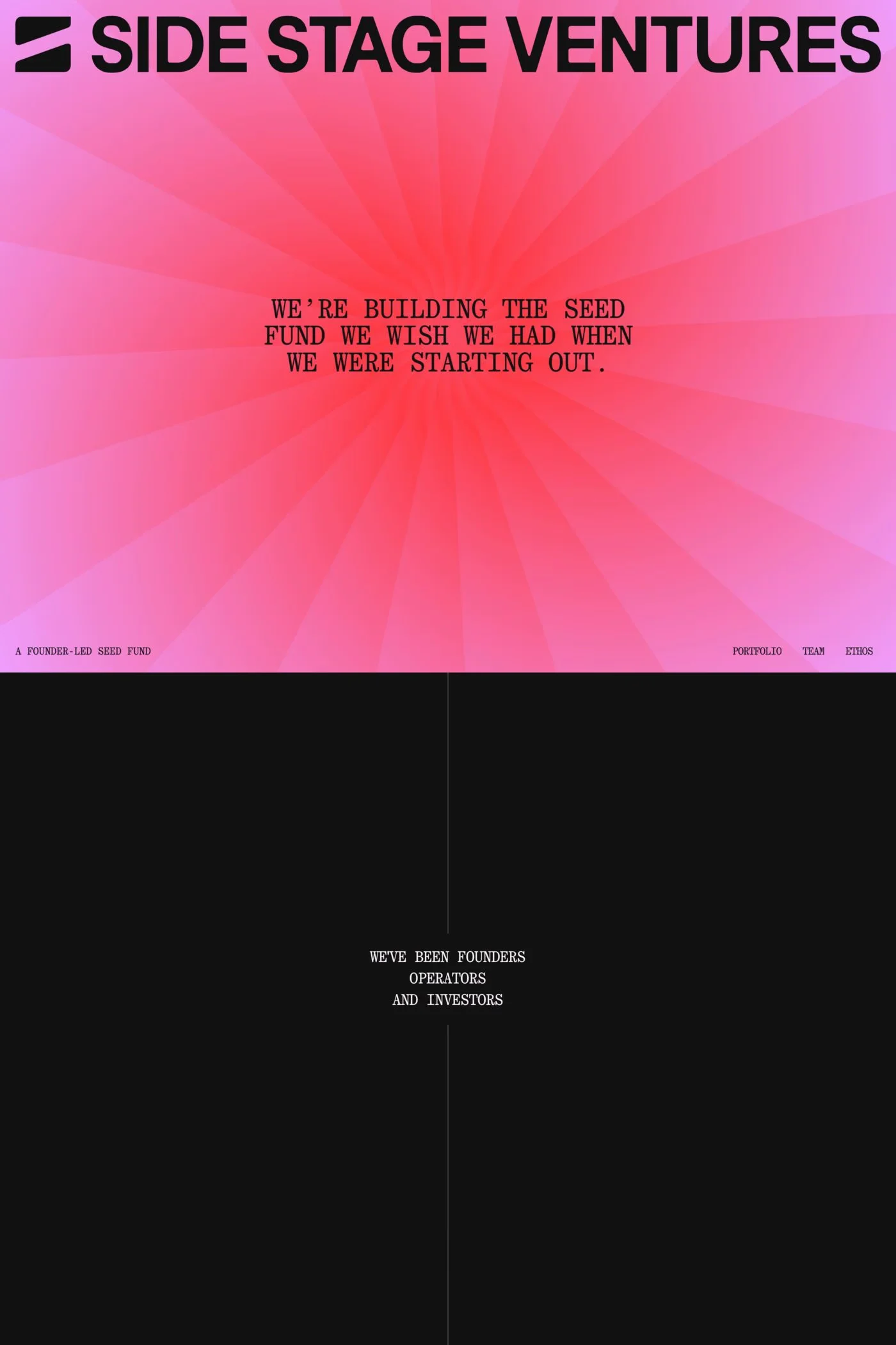 Sidestage — screenshot of a dark, typographic venture capital landing page in pink and red