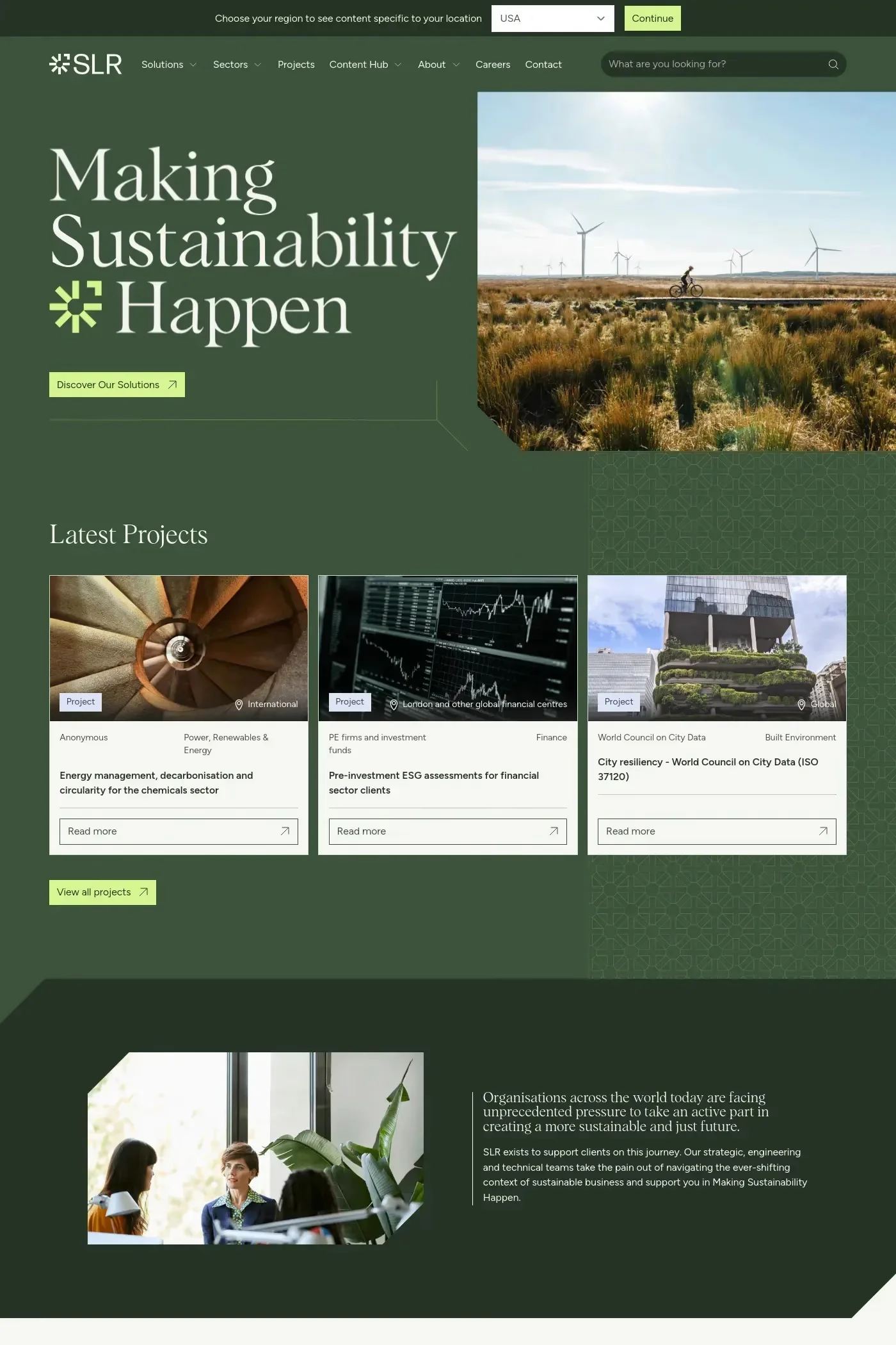 SLR Consulting — screenshot of an energy landing page in dark green and light green, with sans-serif type and inline icons