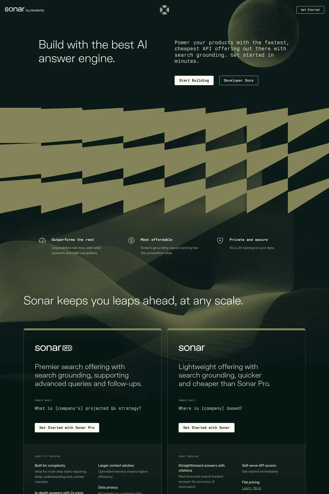 Sonar by Perplexity — screenshot of a development landing page in black and green, with patterns and sans-serif type
