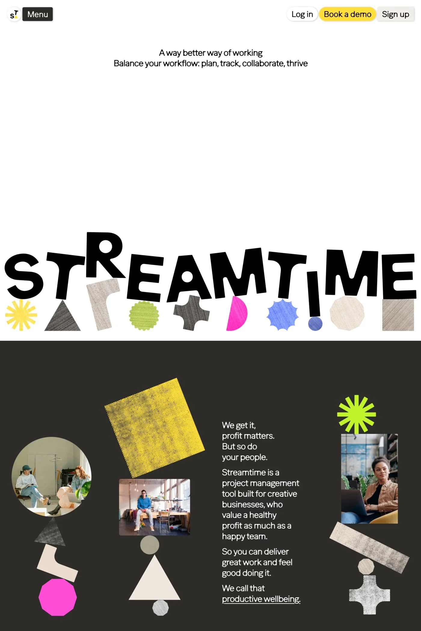 Streamtime — screenshot of a fun, neon software landing page in white and yellow