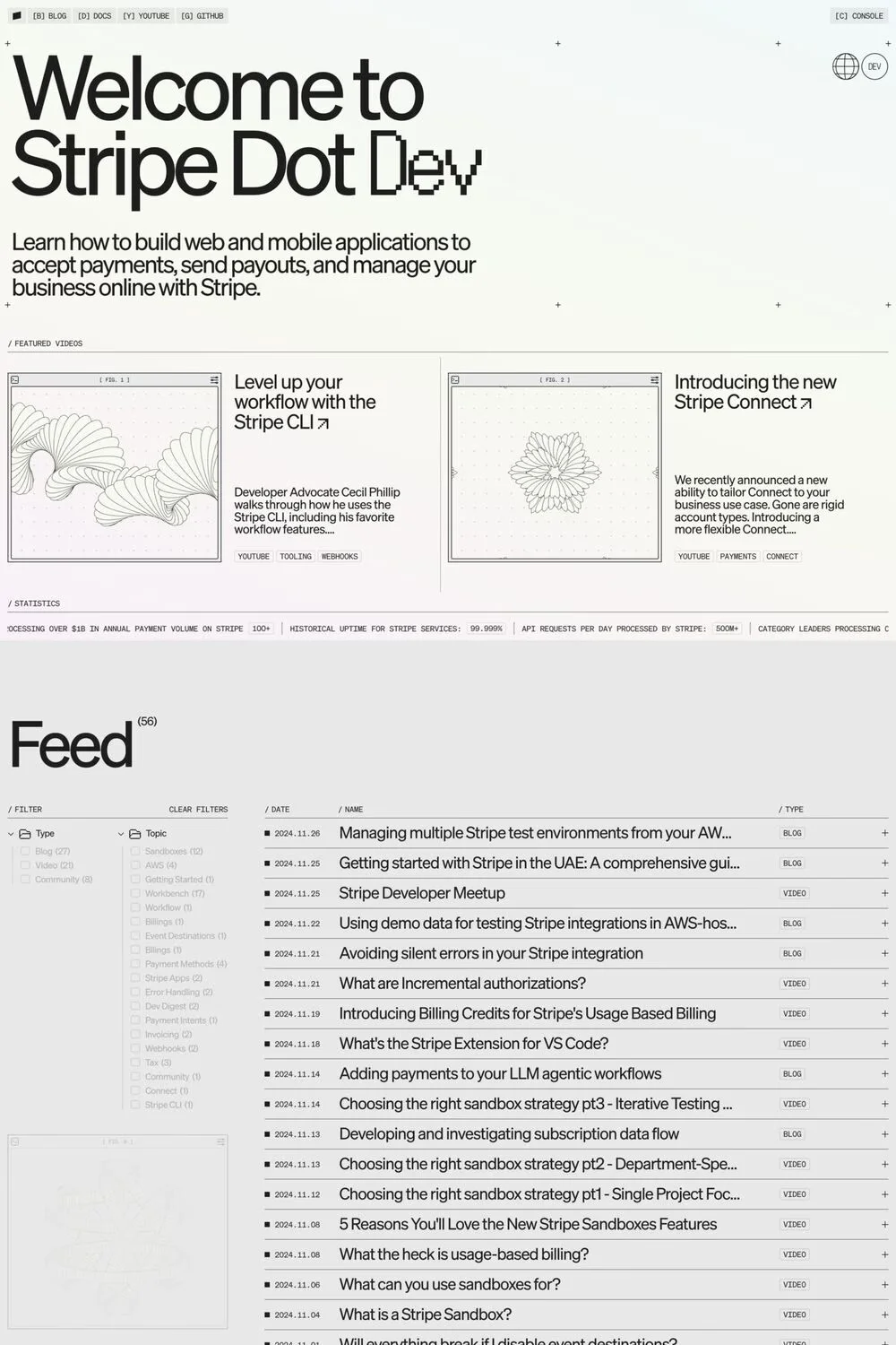 Stripe Dev — screenshot of a minimal development landing page in light grey and purple