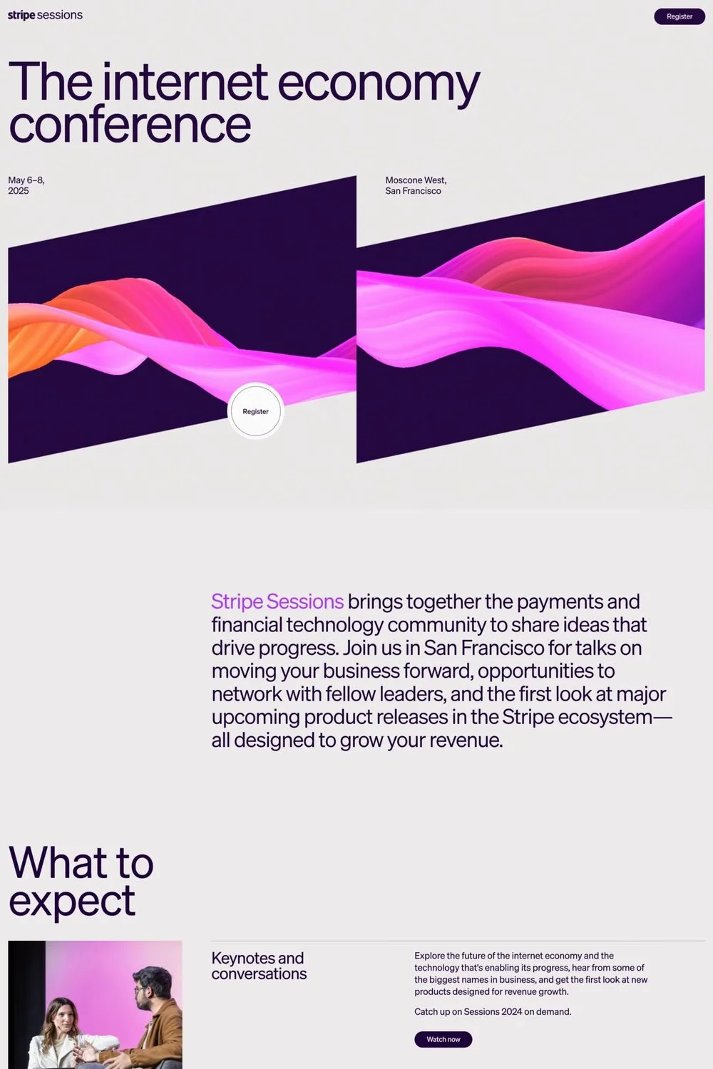 Stripe Sessions — screenshot of an events landing page in white and dark purple, with gradients