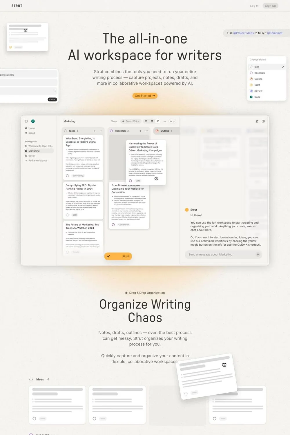 Strut — screenshot of a writing landing page in orange and beige, with texture