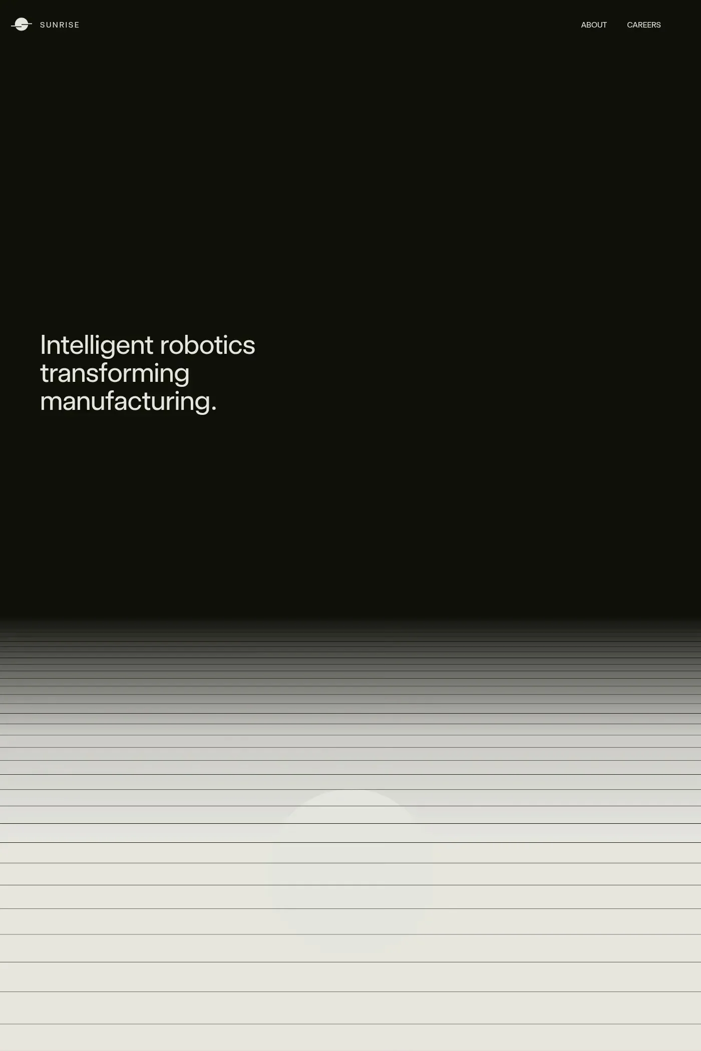 Sunrise Robotics — screenshot of a 3D technology landing page in black and light grey
