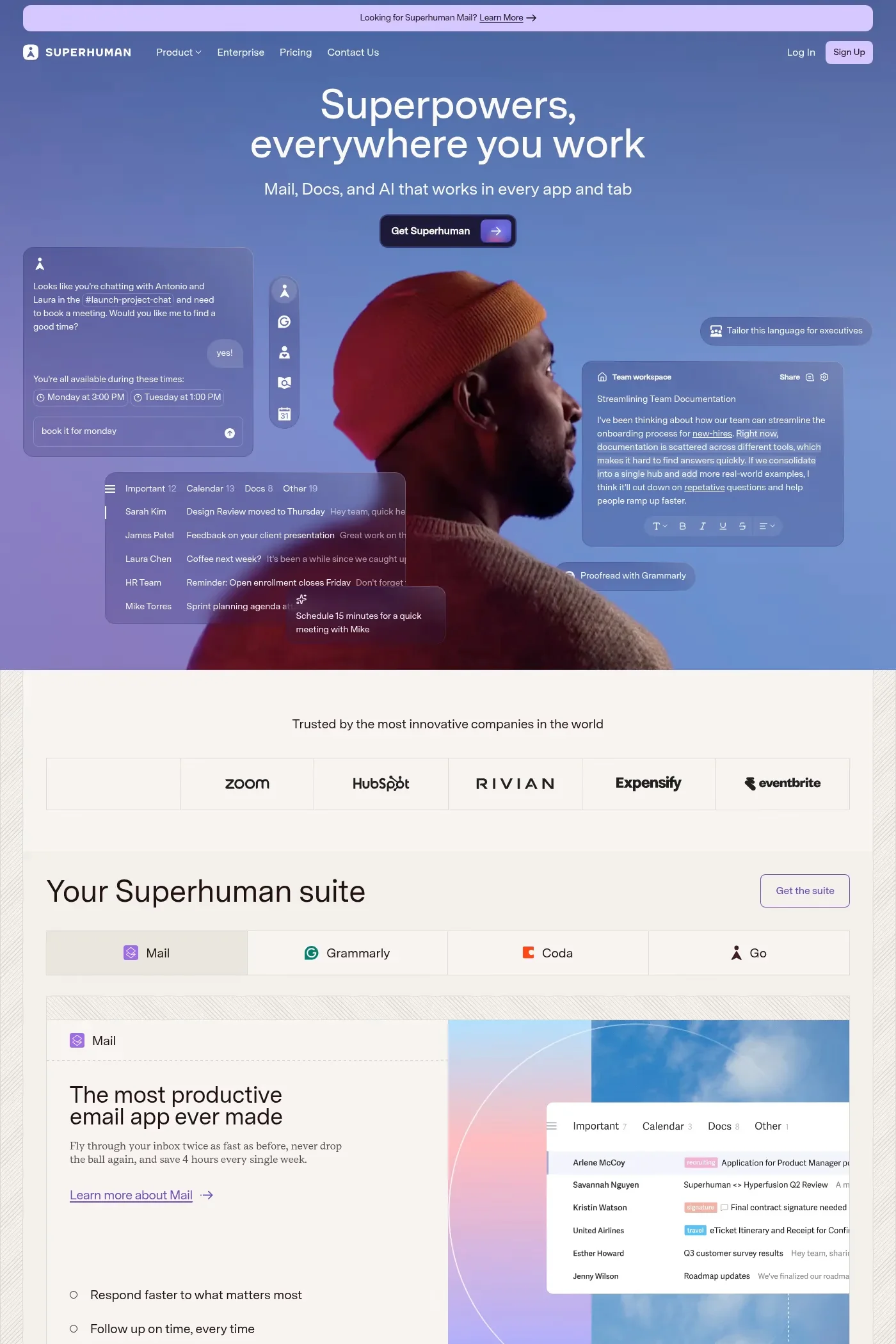 Superhuman — screenshot of a clean, techy productivity landing page in light purple and dark purple