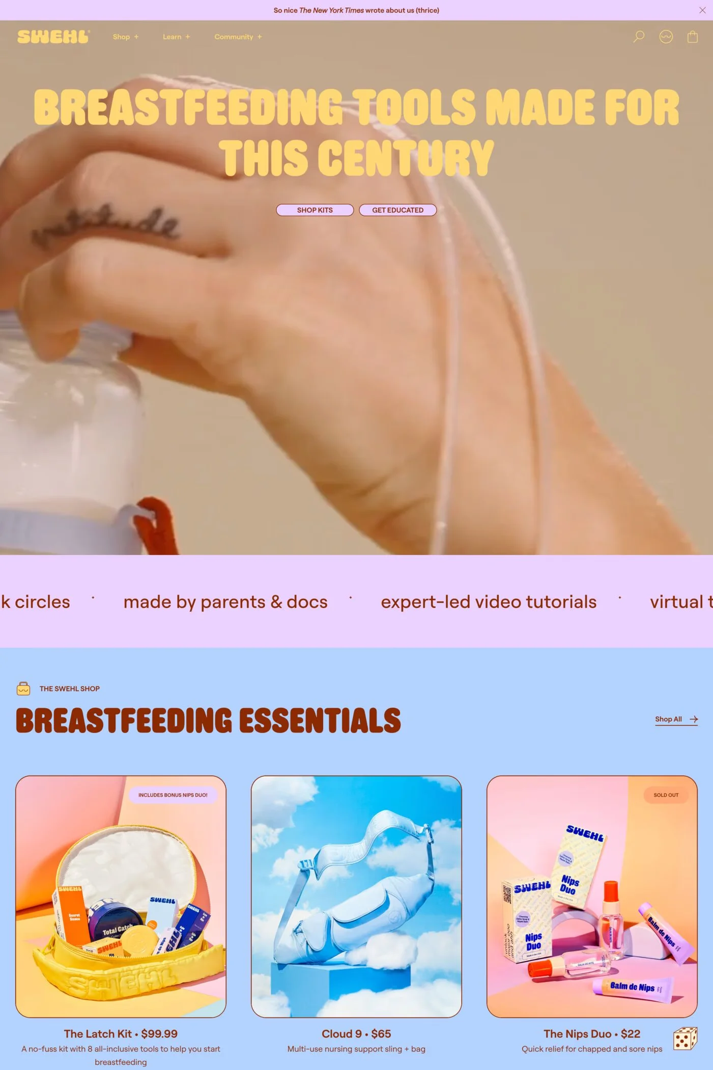 Swehl — screenshot of a pastel health online shop in light purple and yellow