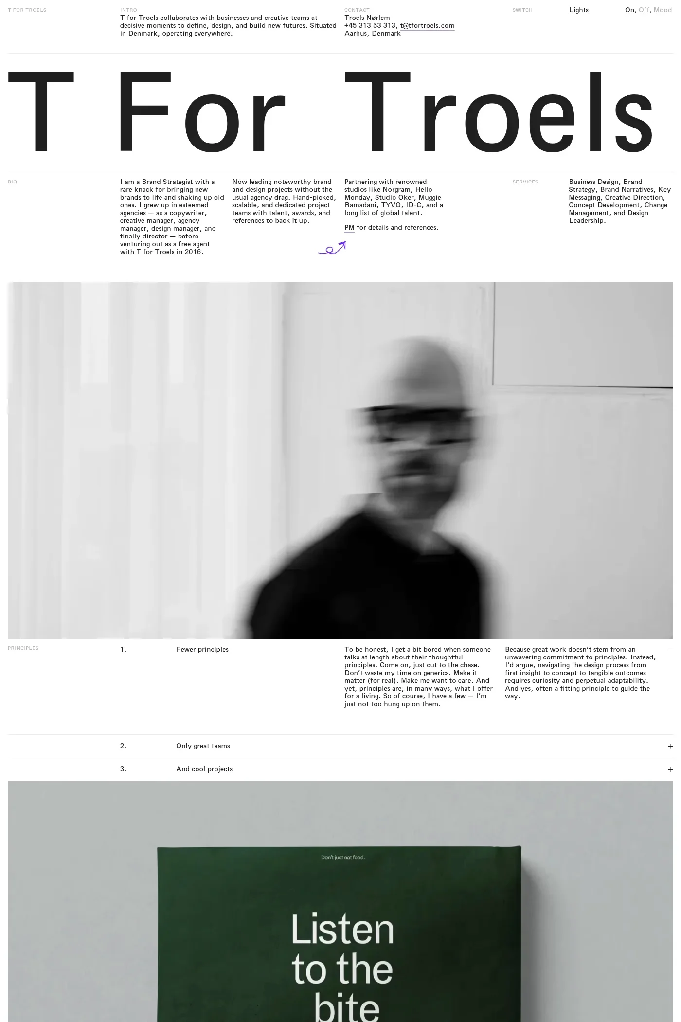 T for Troels — screenshot of a minimal, typographic design portfolio site in white and red
