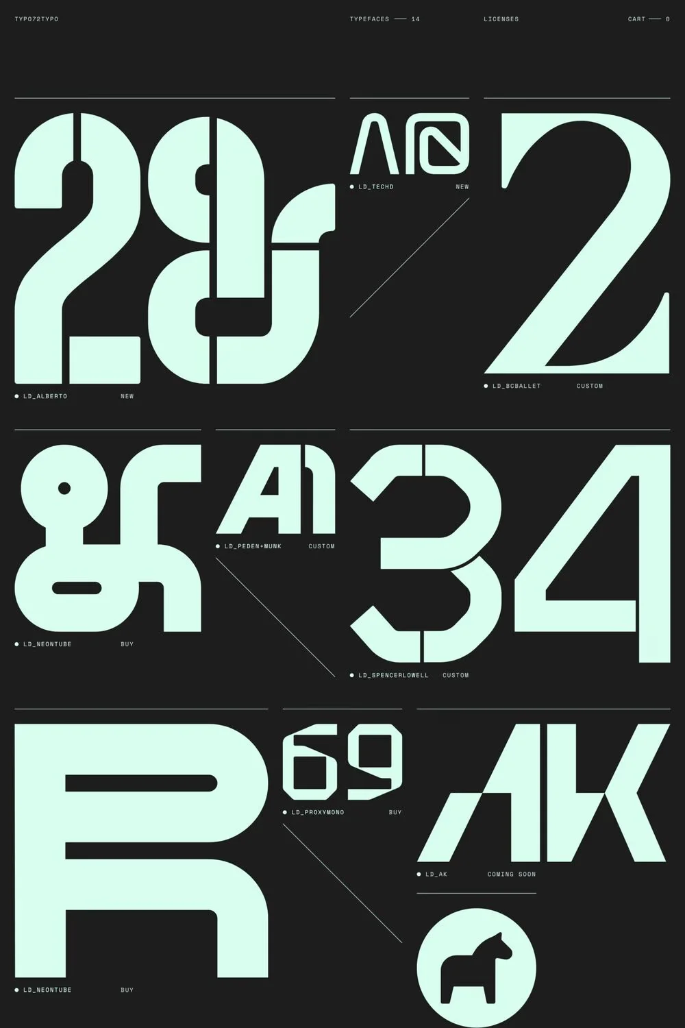 T72T — screenshot of a typographic, multi-coloured design portfolio site in black and light green