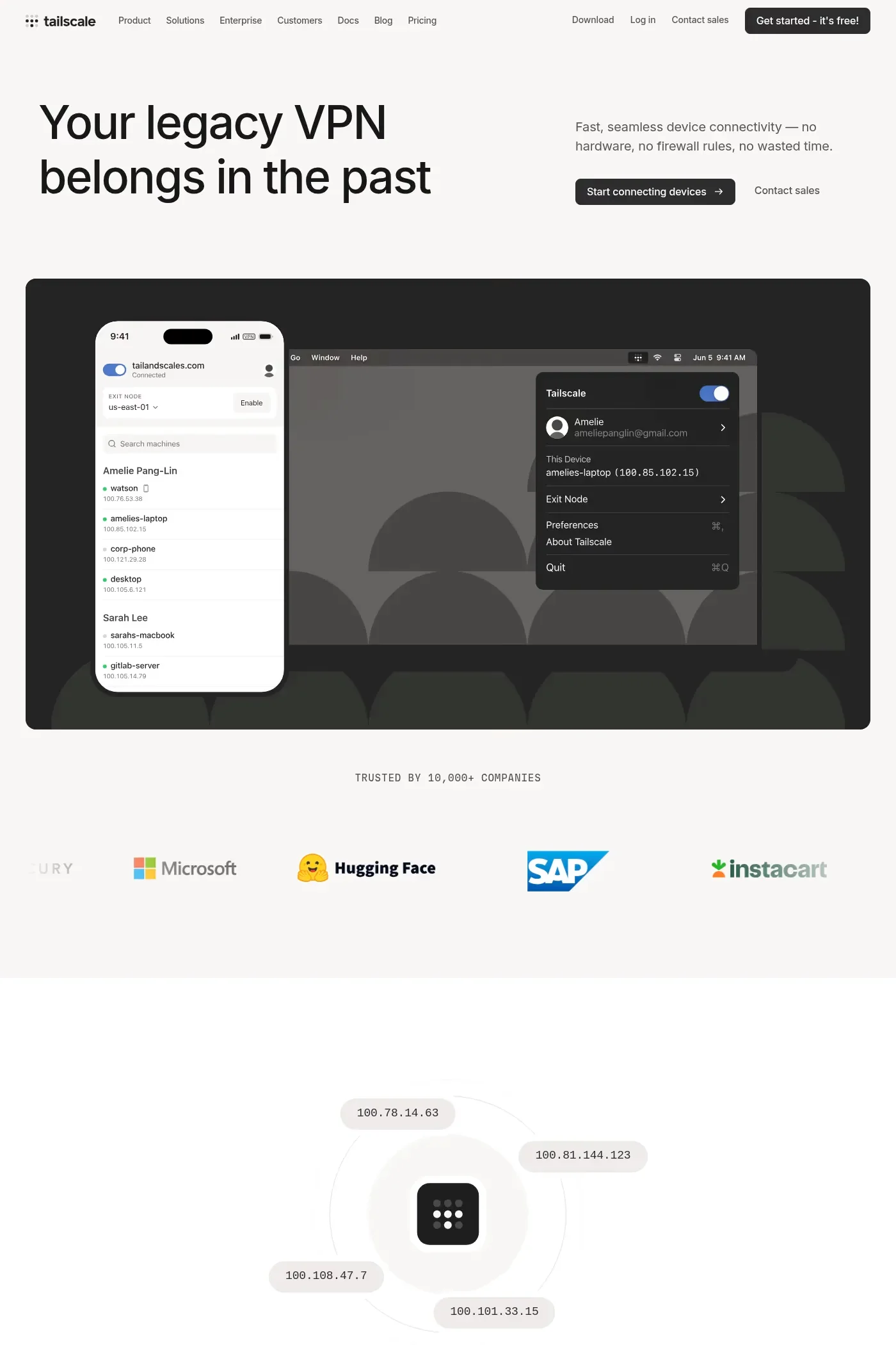 Tailscale — screenshot of a minimal, typographic security landing page in light grey and black