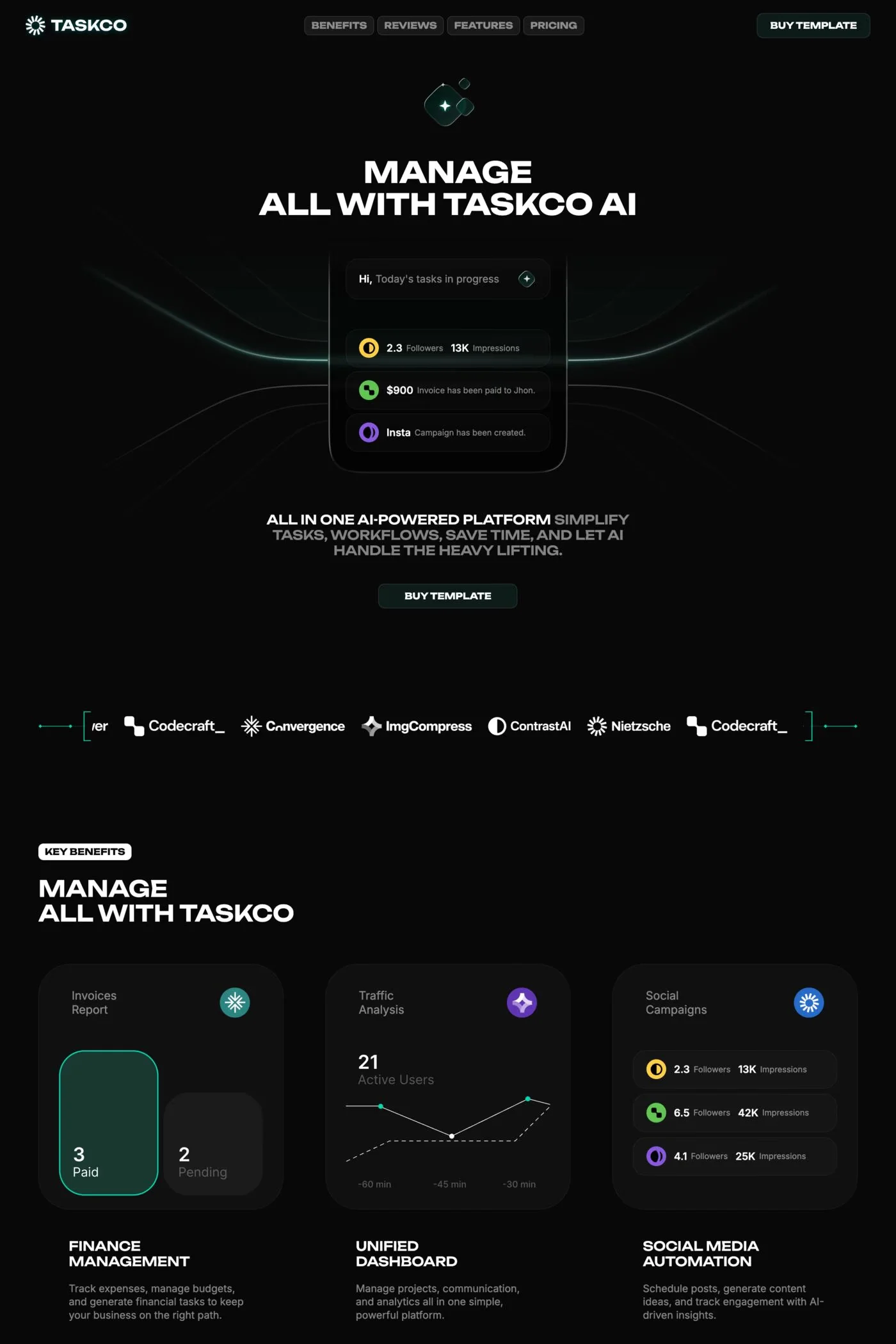 Taskco — screenshot of a dark AI landing page template in black and green