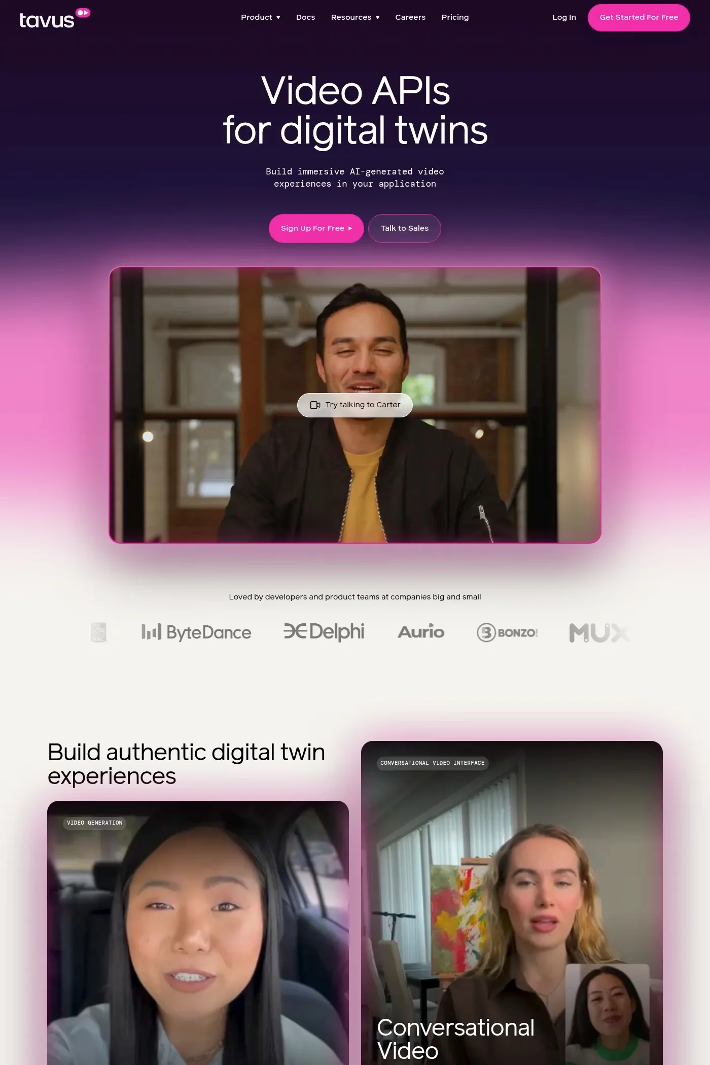 Tavus — screenshot of an AI landing page in dark purple and pink, with gradients and glow effects