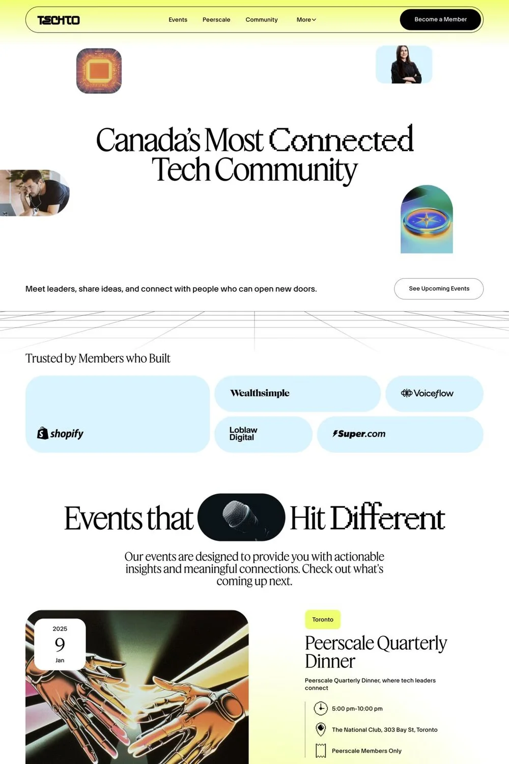 TechTO — screenshot of a bright, pixelated events landing page in light green and light blue