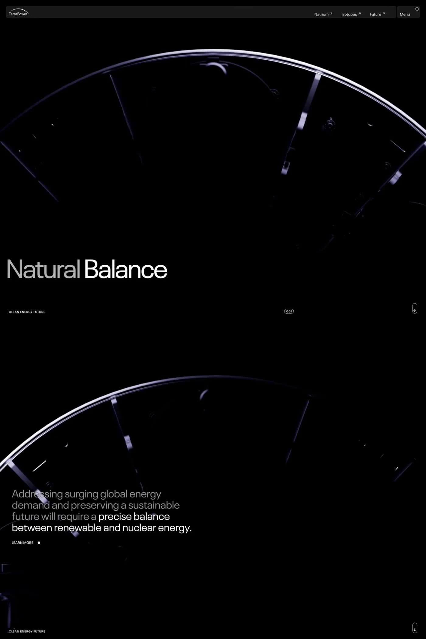 TerraPower — screenshot of a 3D, typographic energy landing page in white and black