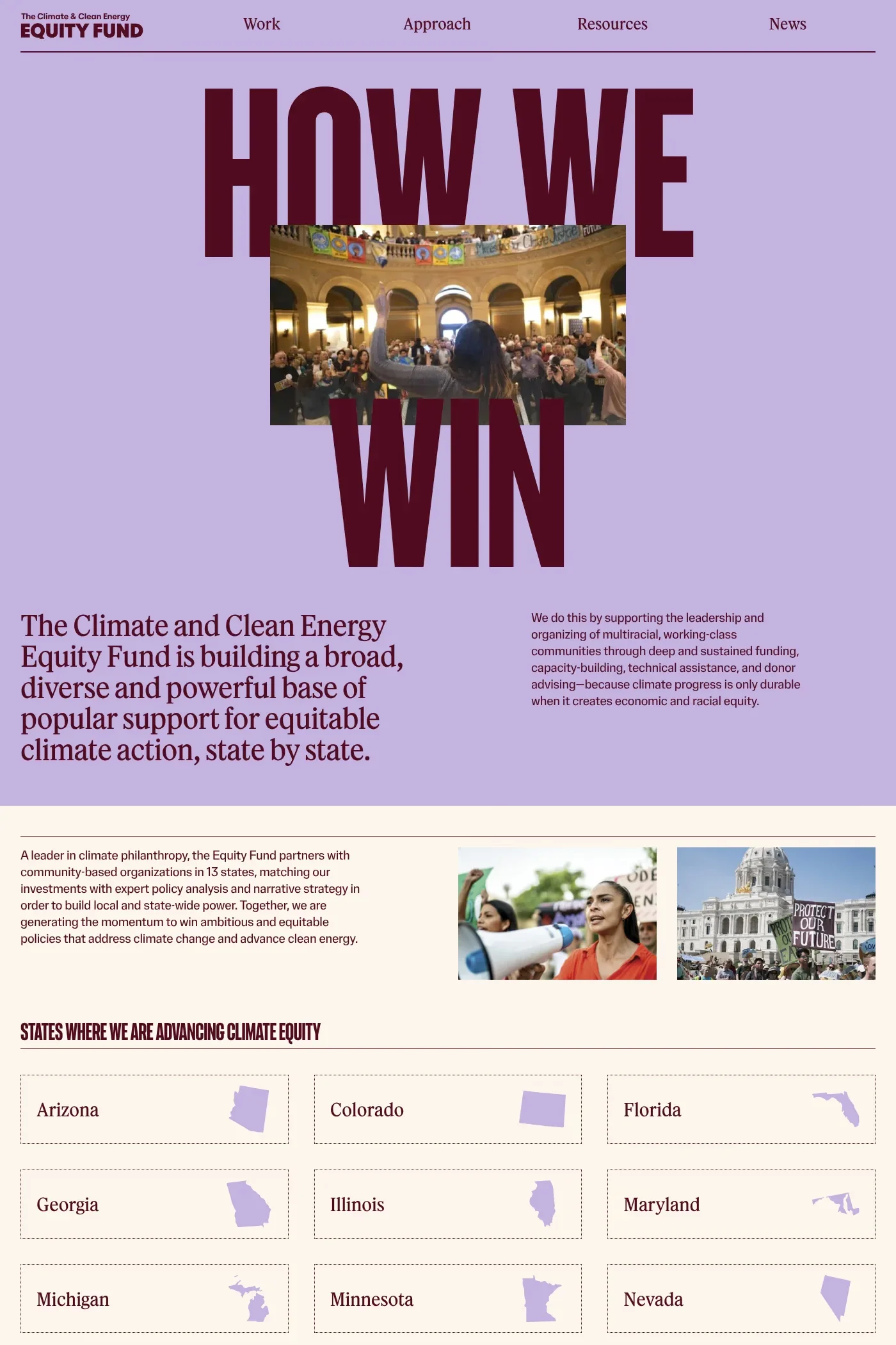 The Equity Fund — screenshot of a colourful climate landing page in light purple and dark red