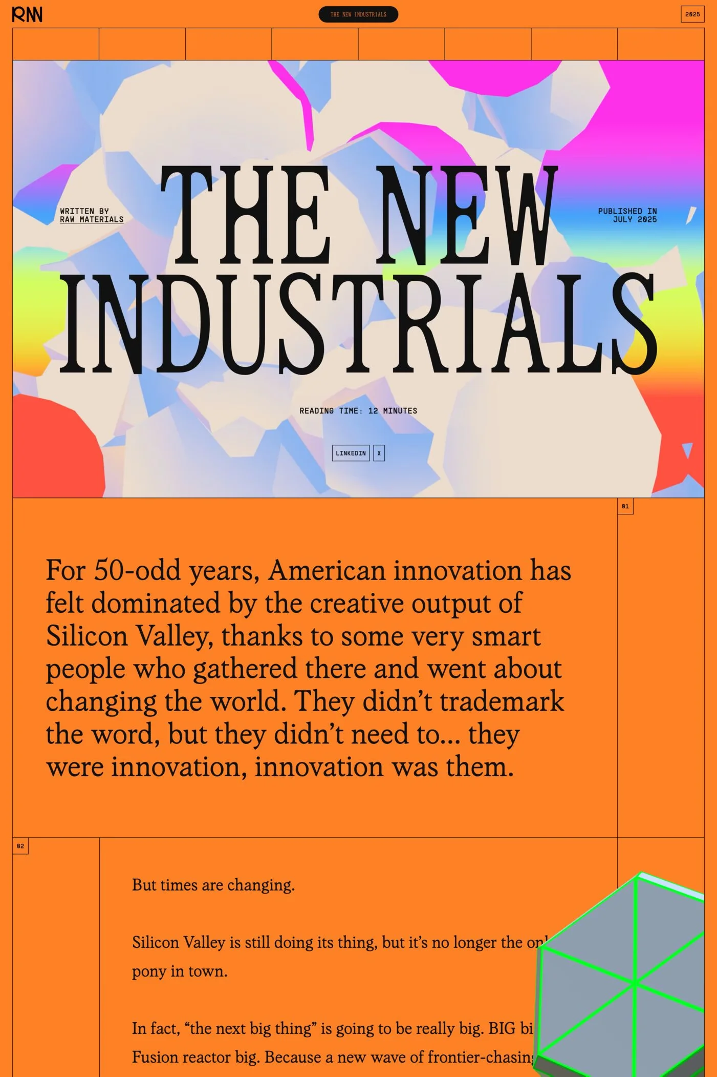 The New Industrials — screenshot of an editorial, typographic design one-page site in orange and blue