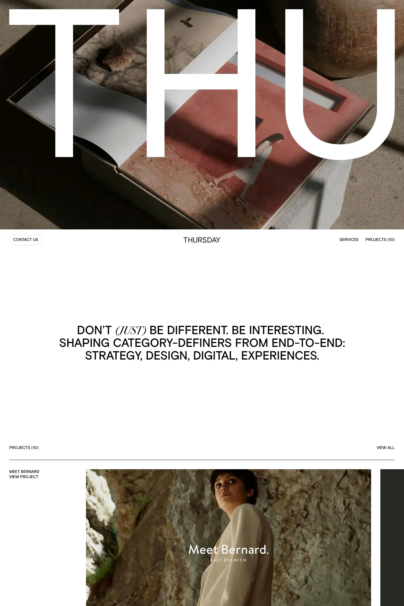 Thursday — screenshot of a minimal, typographic design agency site in white and grey