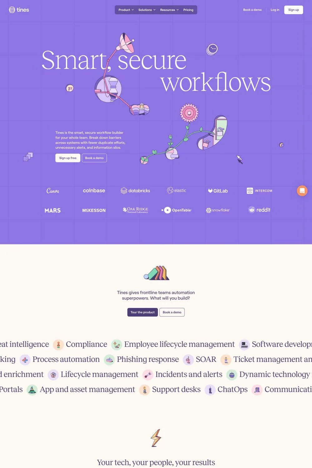 Tines — screenshot of a colourful security landing page in purple and beige