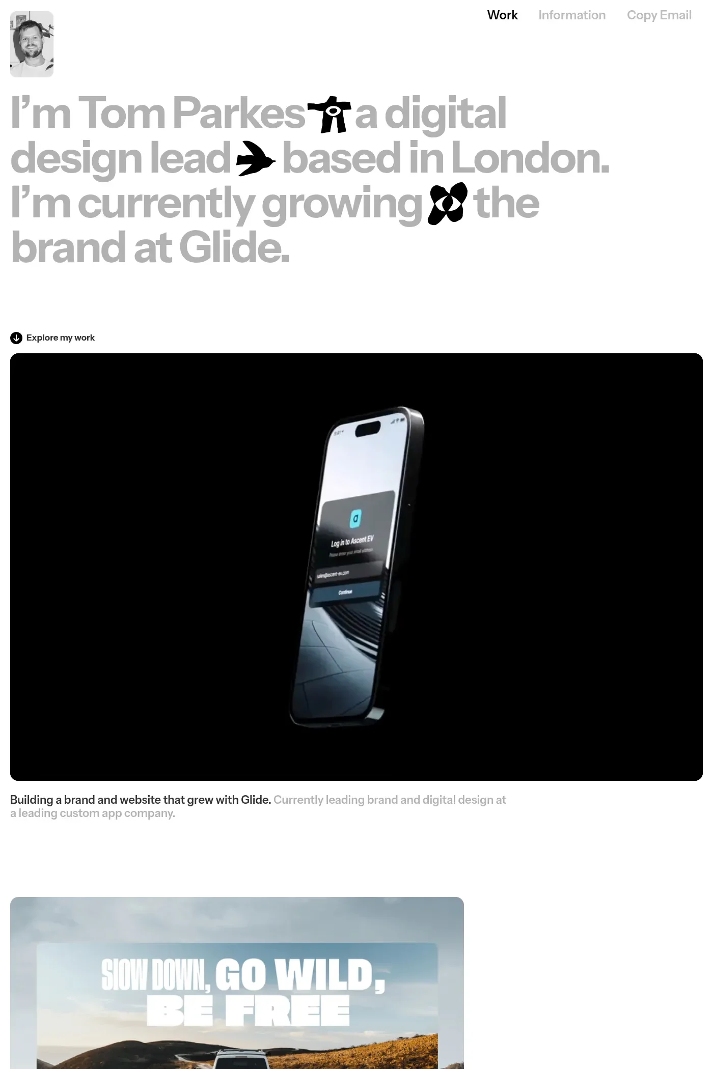 Tom Parkes — screenshot of a minimal, black-and-white design portfolio site in white