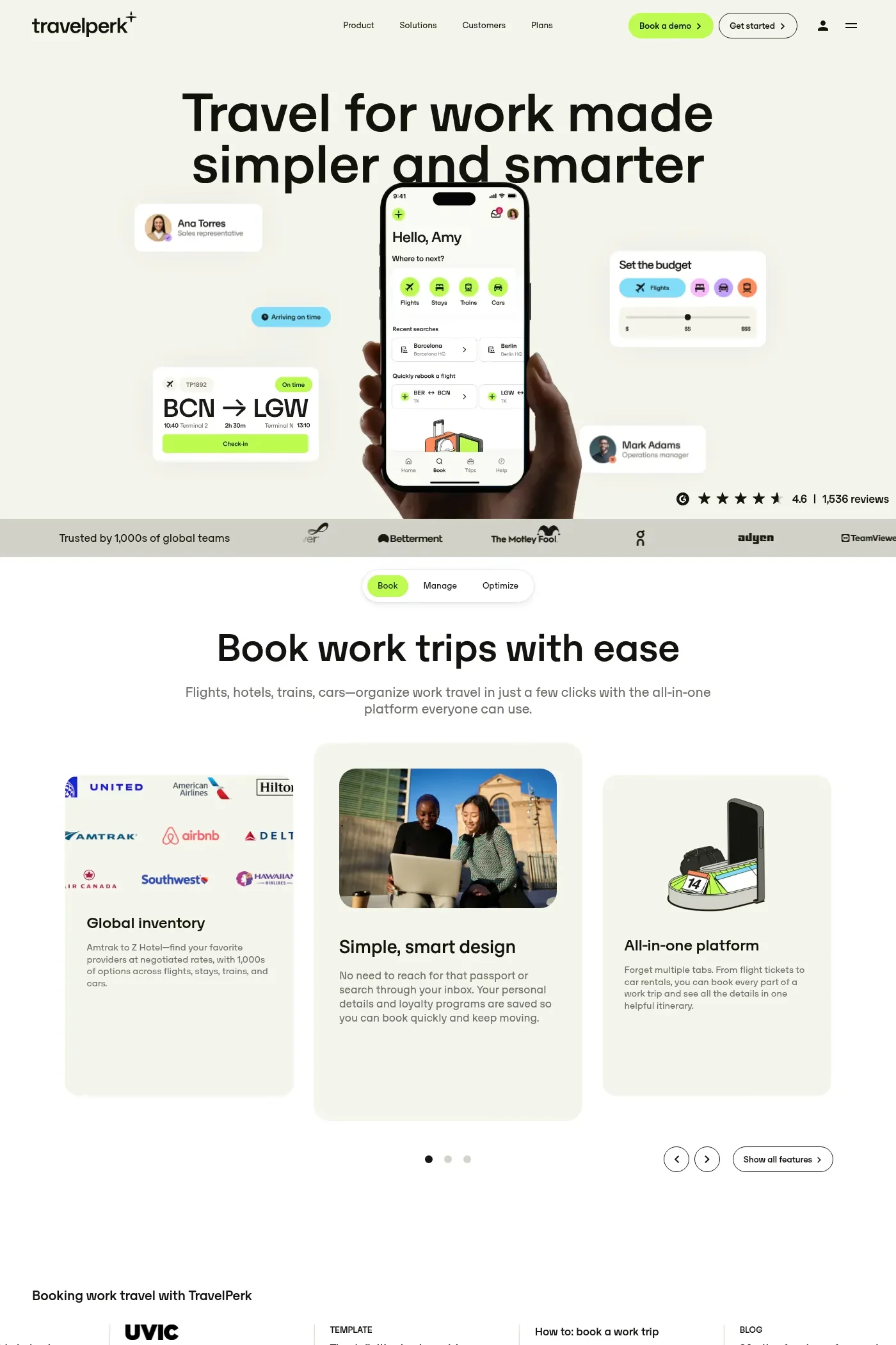 TravelPerk — screenshot of a neon travel landing page in beige and grey