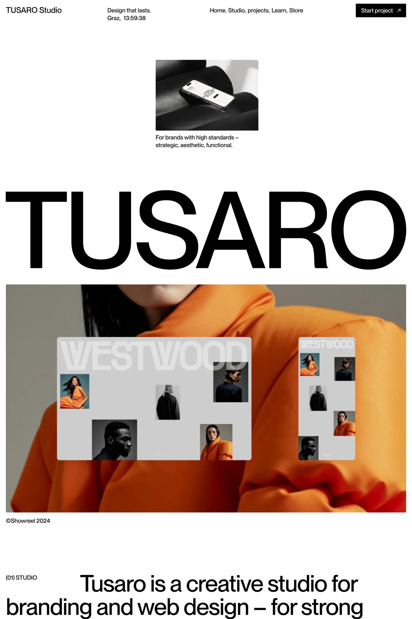 TUSARO Studio — screenshot of a minimal, clean design agency site in black and white