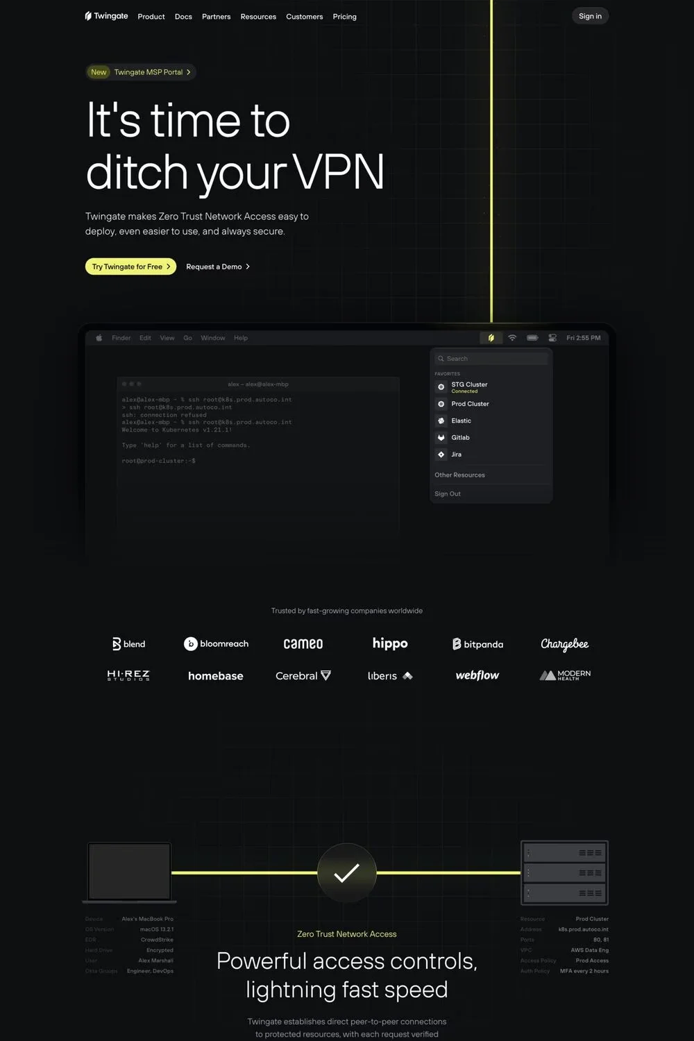 Twingate — screenshot of a dark security landing page in black and yellow