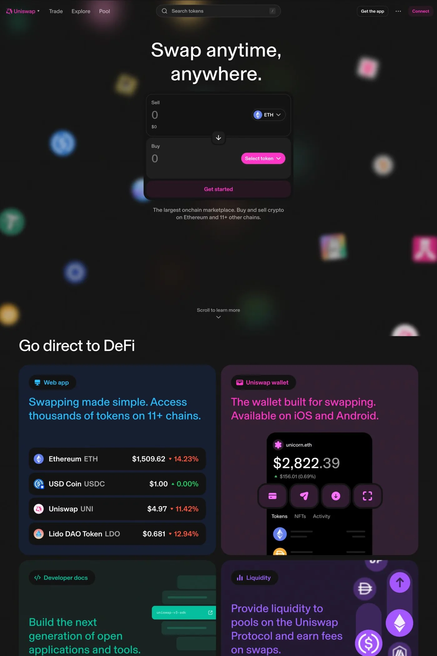 Uniswap — screenshot of a colourful Web3 and crypto landing page in light pink and black