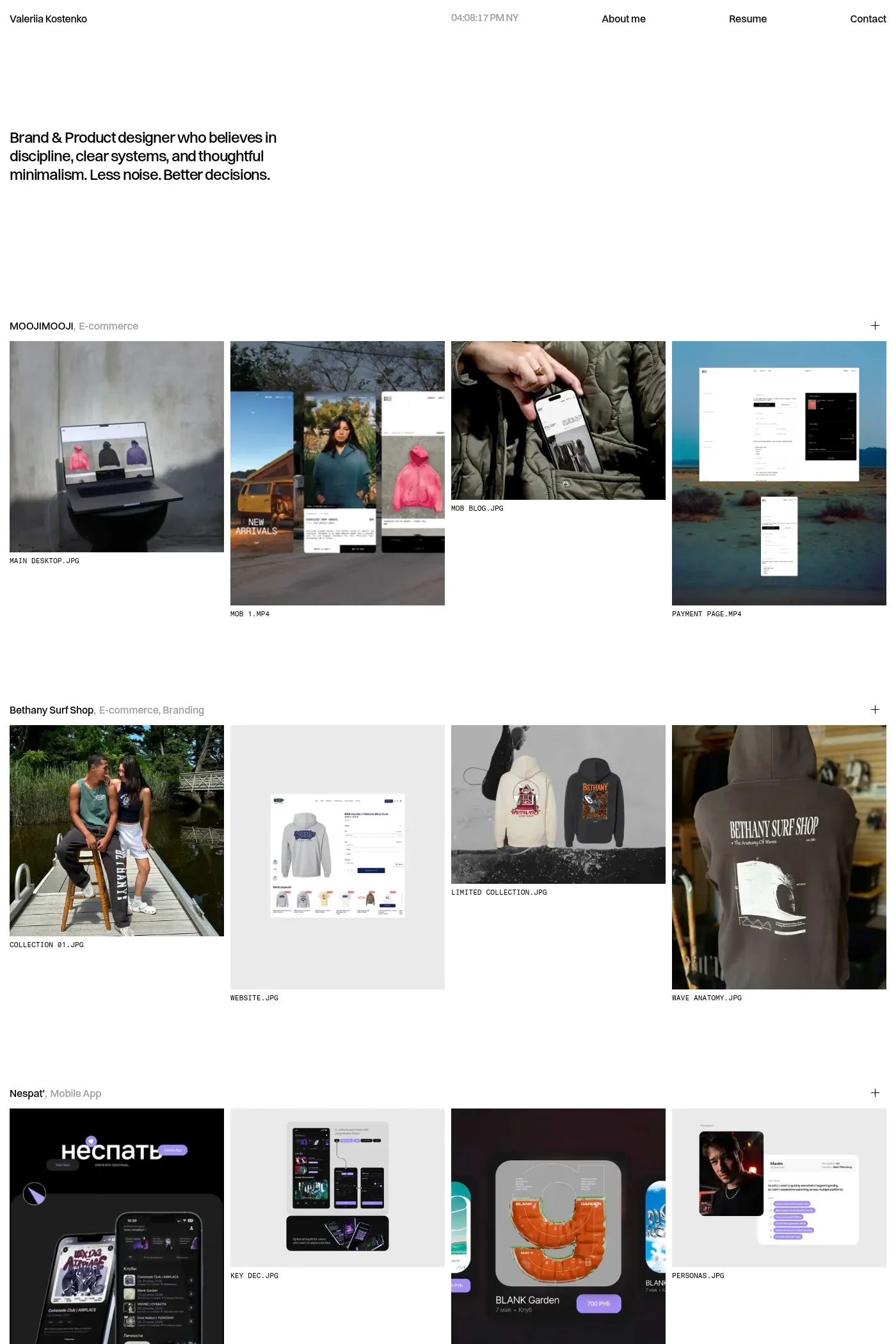 Valeriia Kostenko — screenshot of a black-and-white, minimal design portfolio site in white