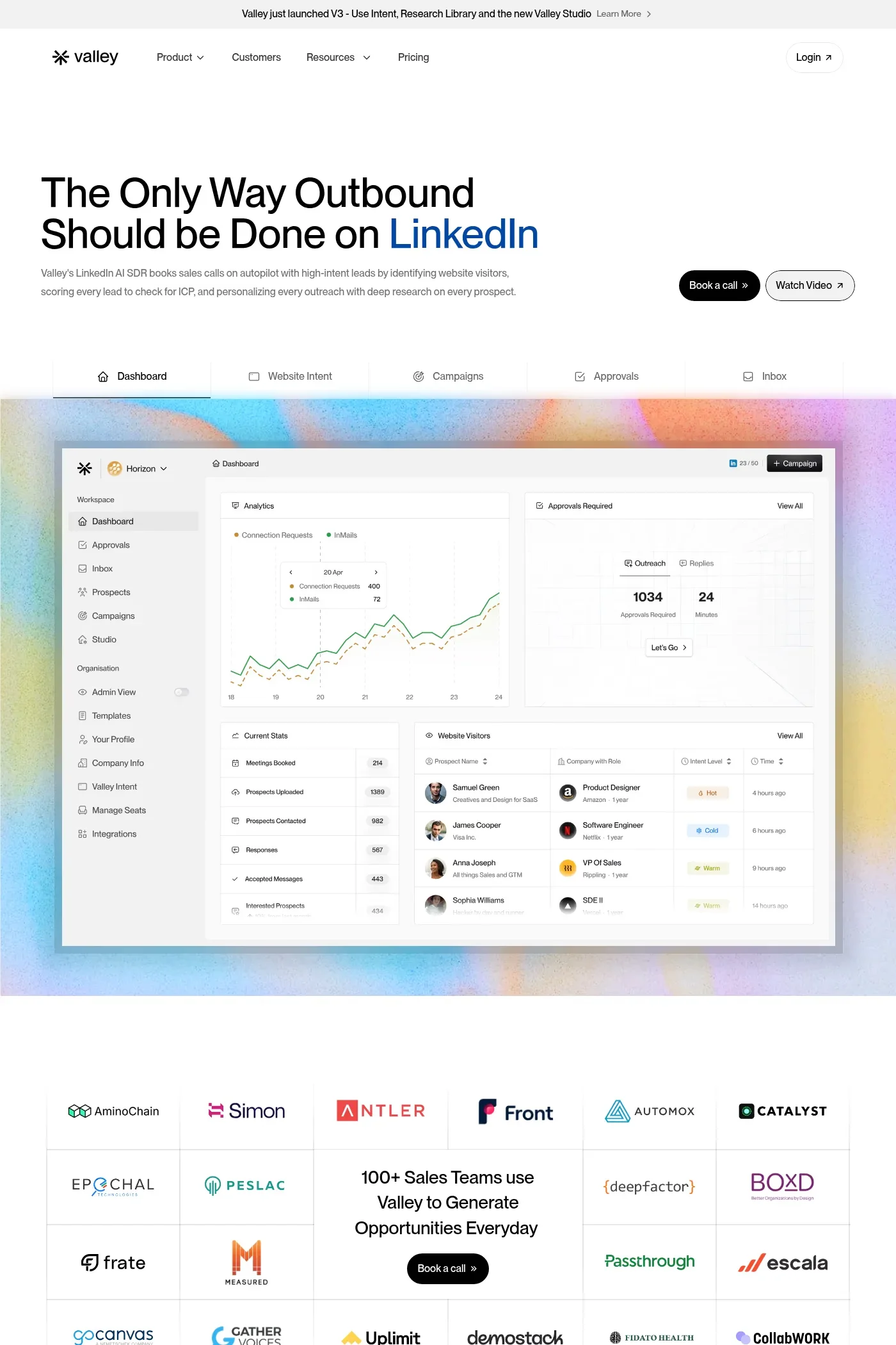 Valley — screenshot of a noisy, minimal marketing landing page in white and orange