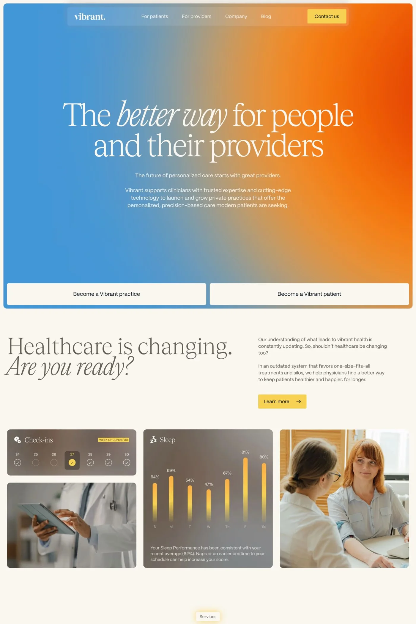 Vibrant — screenshot of a health landing page in orange and blue, with serif type and gradients