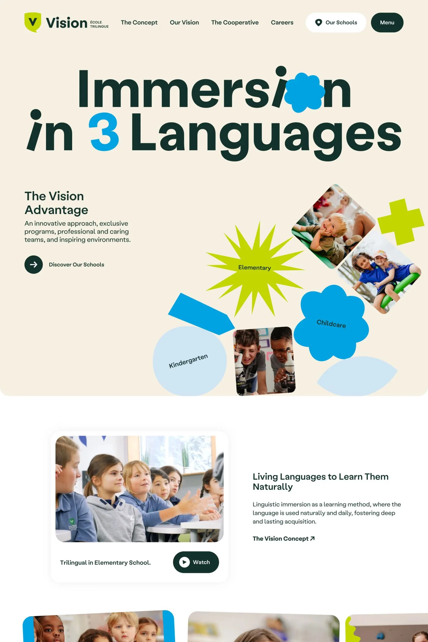 Vision Trilingual School — screenshot of a fun education landing page in blue and white