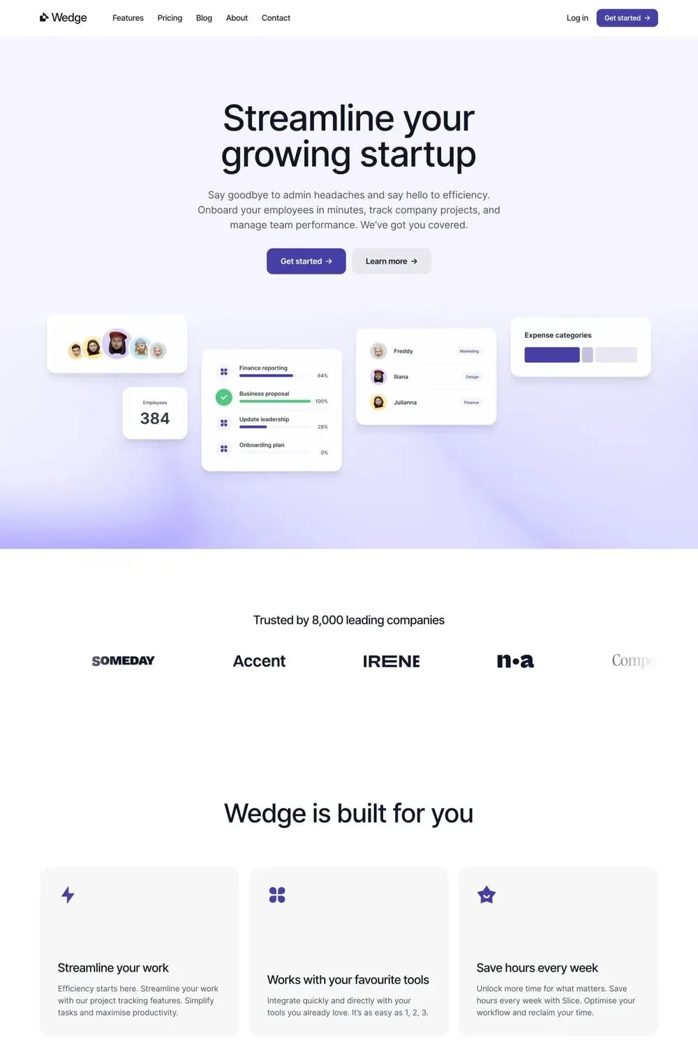 Wedge — screenshot of a clean, minimal human resources landing page template in purple and white