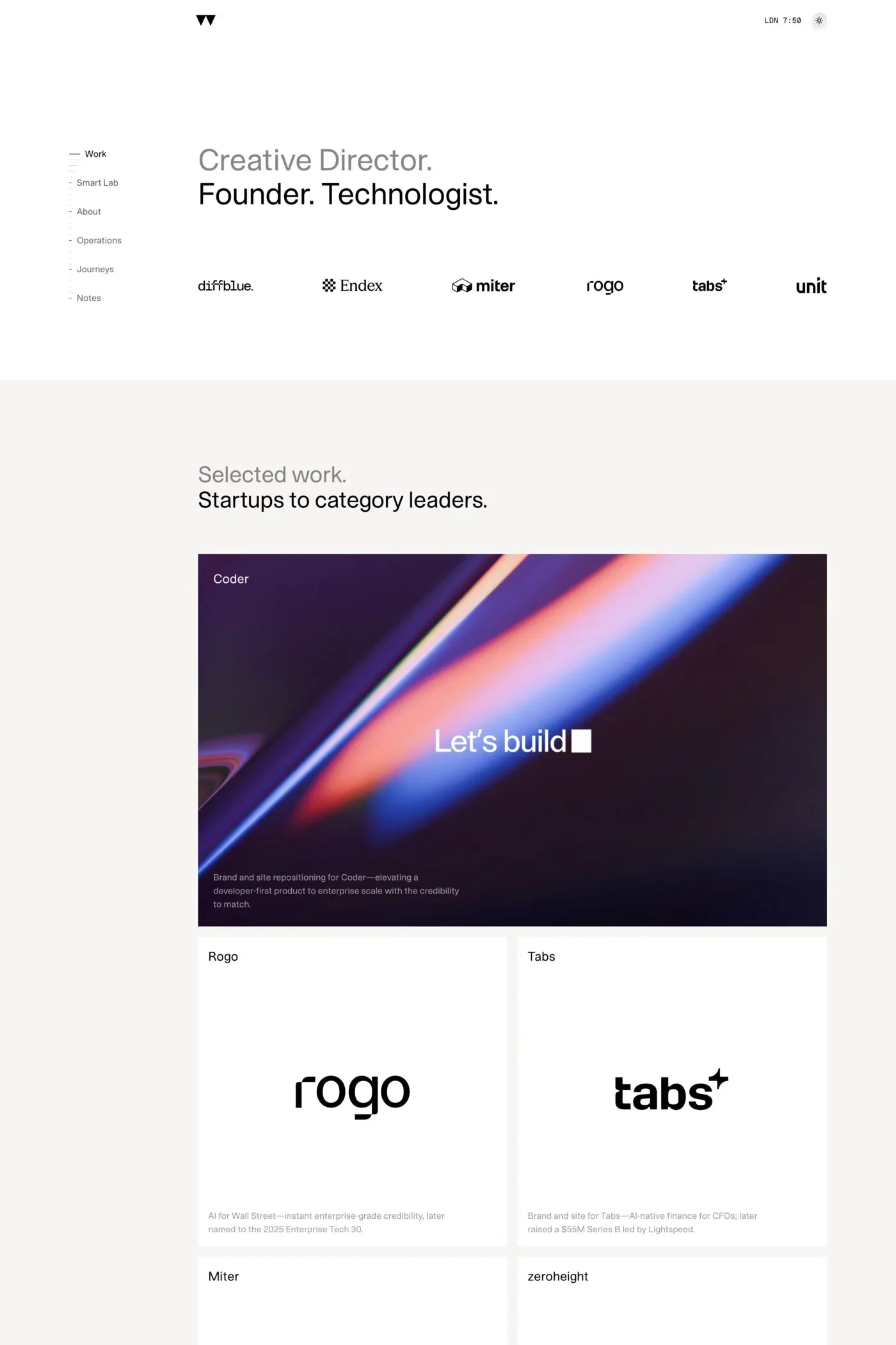 Will Beeching — screenshot of a dark, minimal design portfolio site in white and beige