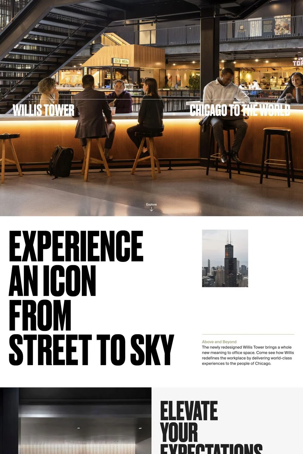 Willis Tower — screenshot of a real estate landing page in white and light green, with big type and condensed type