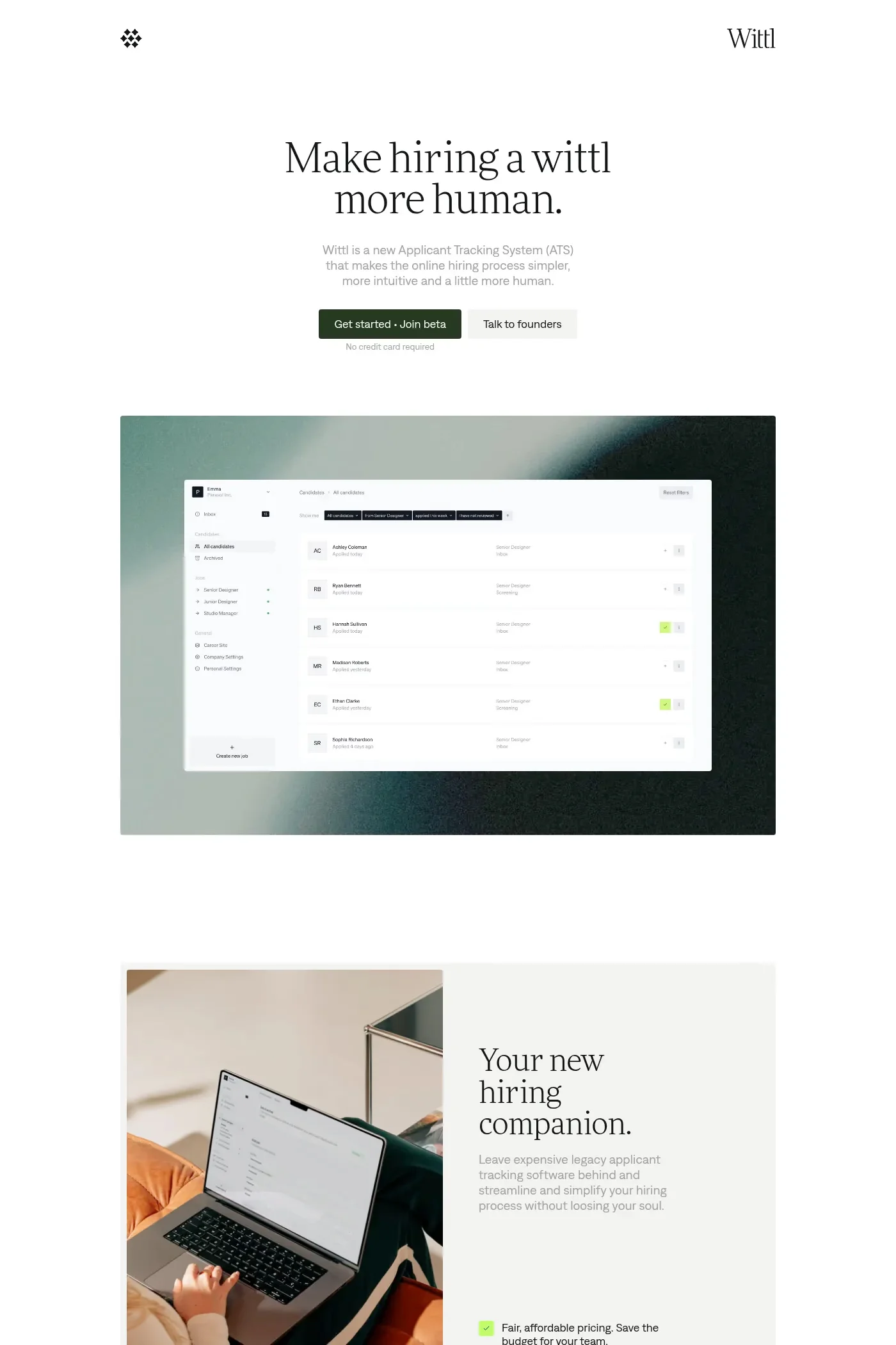Wittl — screenshot of a minimal, noisy human resources landing page in white and light grey
