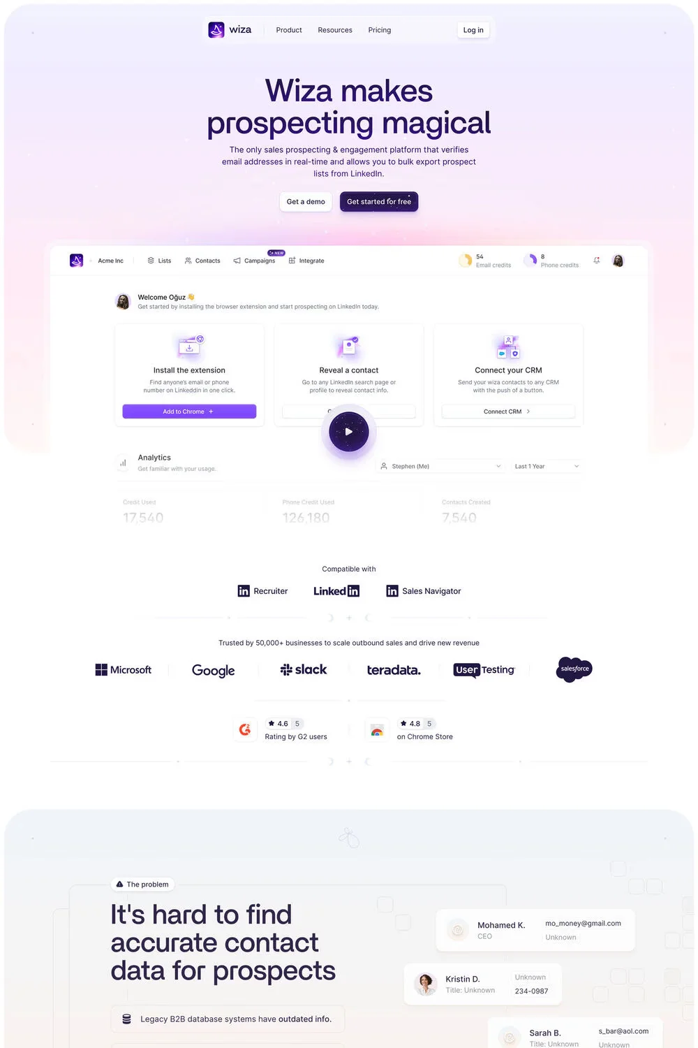 Wiza — screenshot of a detailed software landing page in white and purple