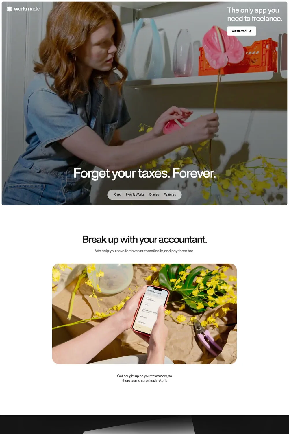 WorkMade — screenshot of a finance landing page in white and black