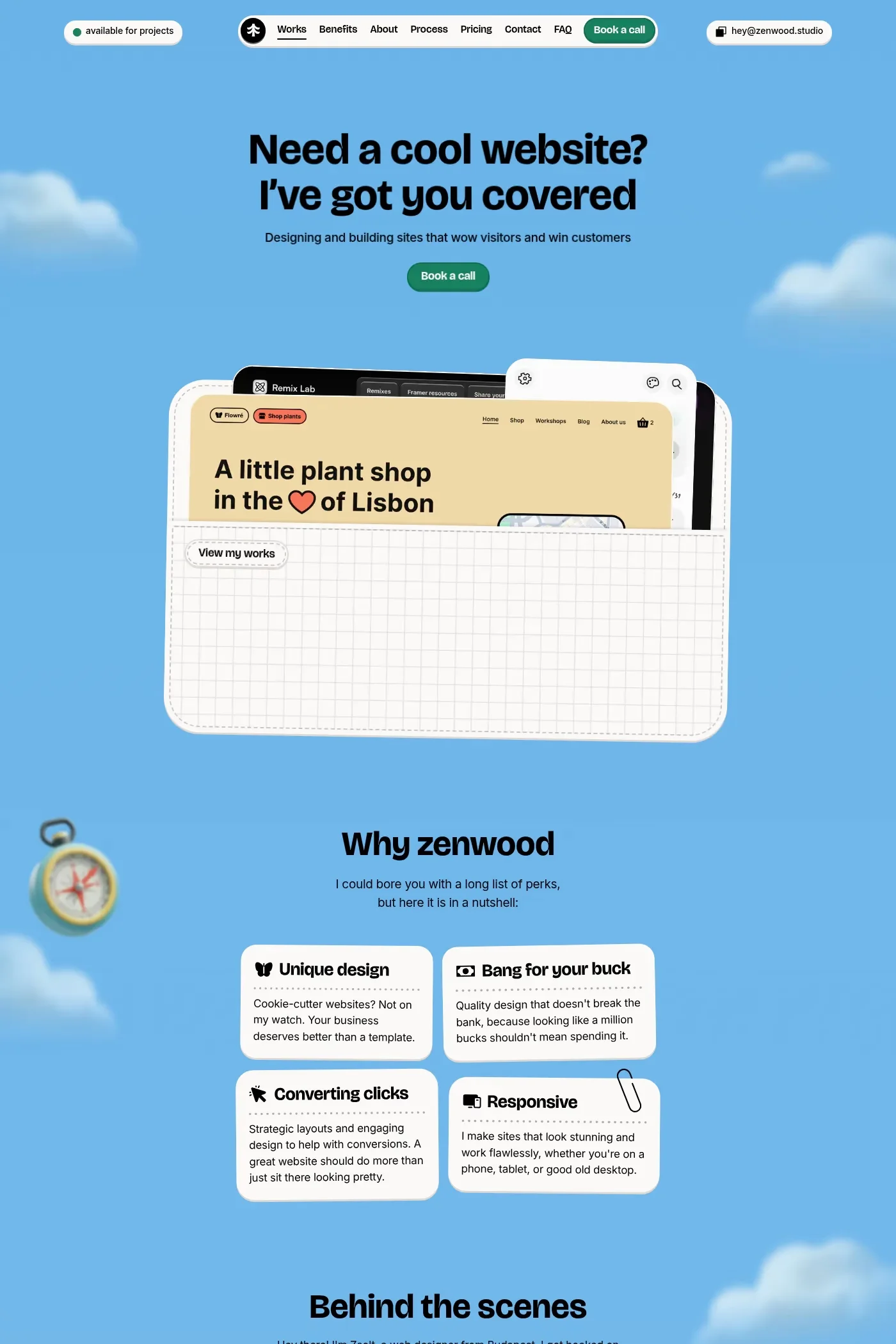 Zenwood Studio — screenshot of a fun, 3D design agency site in light blue and green