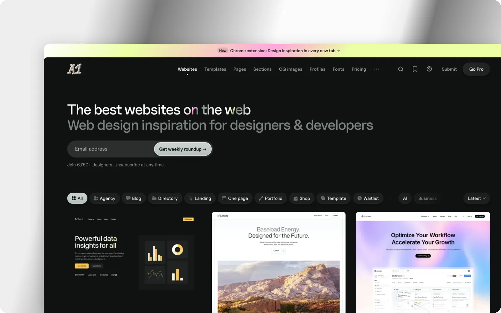 The A1 homepage, with style and type filters above a grid of website screenshots