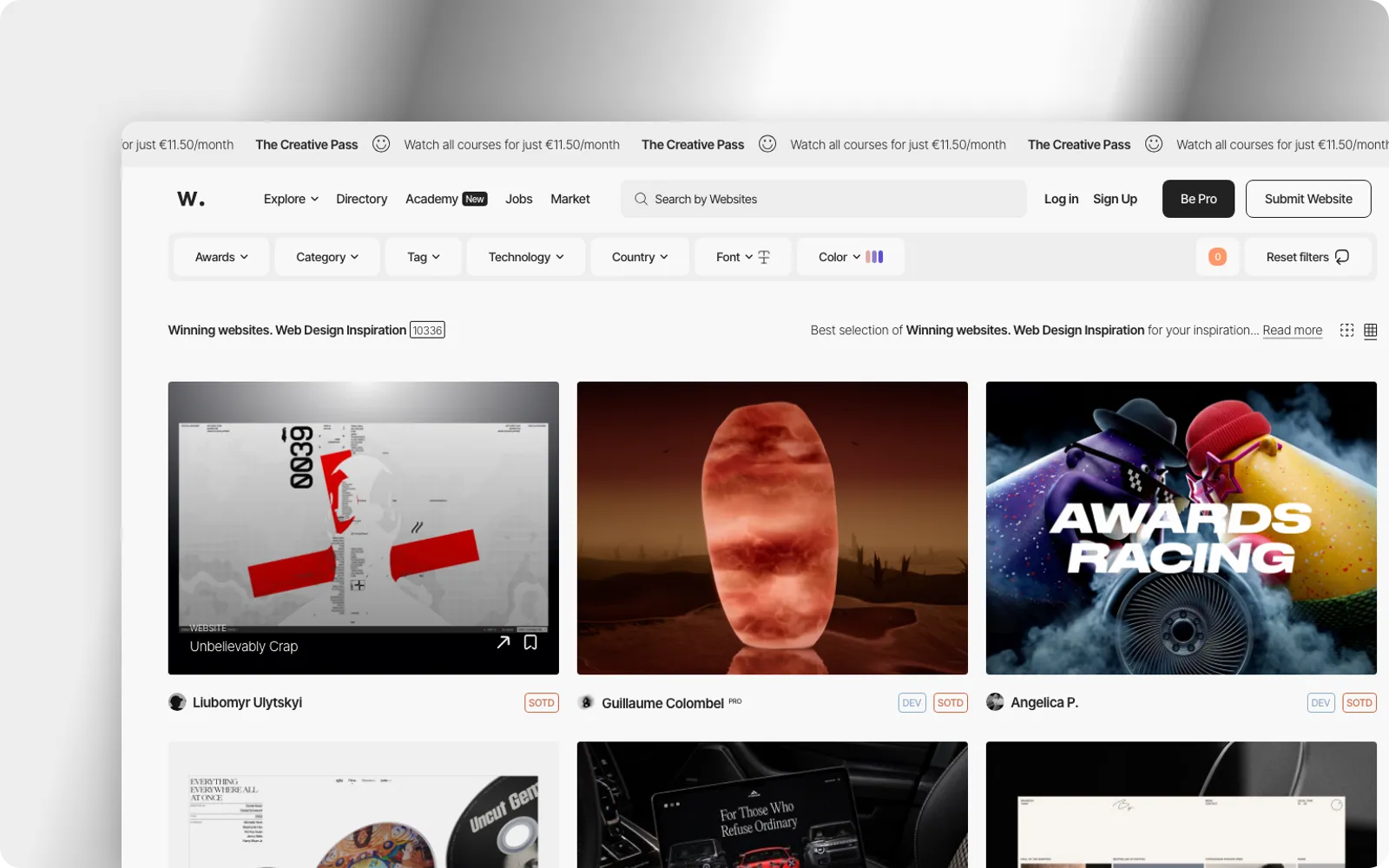The Awwwards winning websites page, with filters for awards, category, technology, font and colour