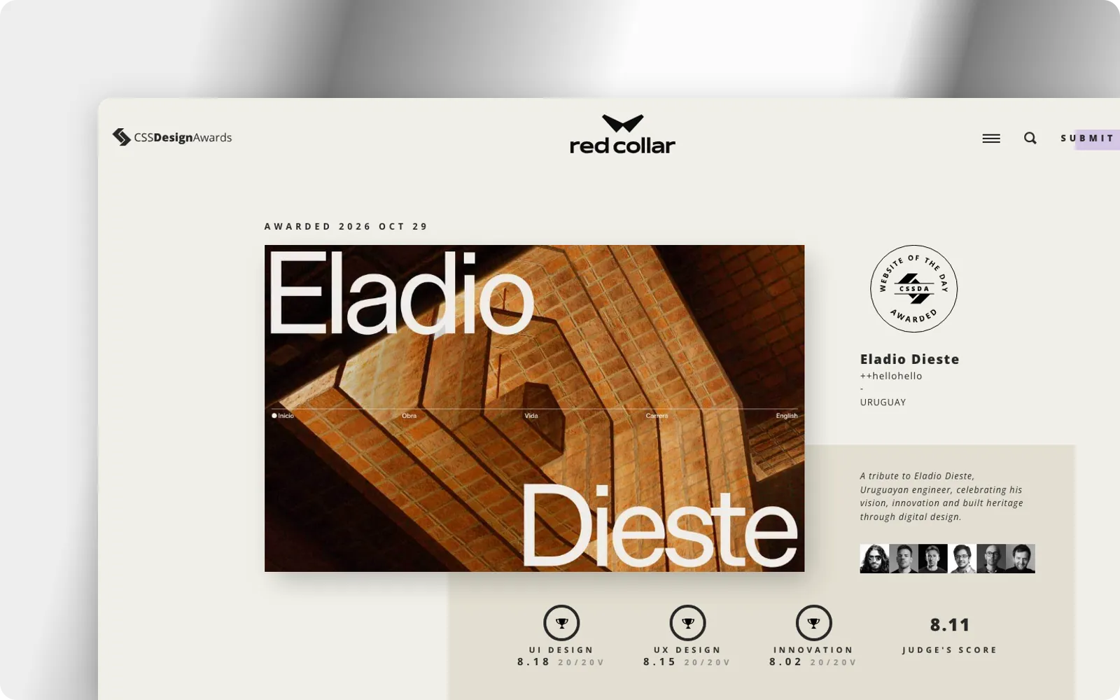 The CSS Design Awards homepage, showing a Website of the Day with its scores